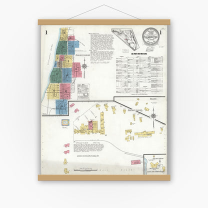 Old map wall art mockup — magnetic wood frame on white wall — Sanborn Fire Insurance Map from Clearwater, Pinellas County, Florida (1923) - Complete Map Set