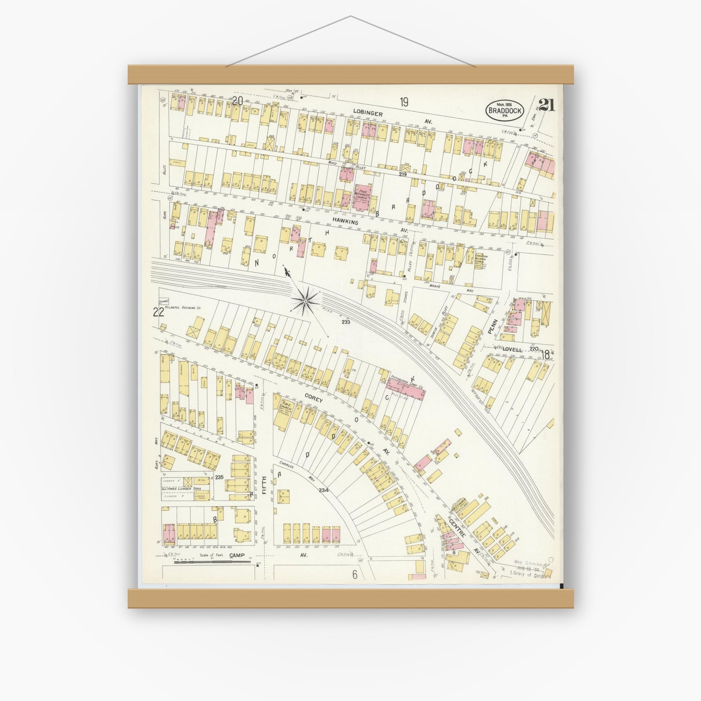 Old map wall art mockup — magnetic wood frame on white wall — Sanborn Fire Insurance Map from Braddock, Allegheny County, Pennsylvania (1908), Sheet #0021