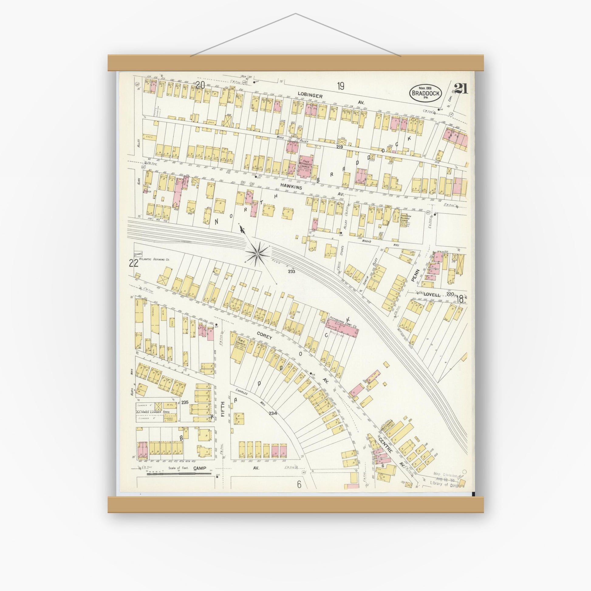 Old map wall art mockup — magnetic wood frame on white wall — Sanborn Fire Insurance Map from Braddock, Allegheny County, Pennsylvania (1908), Sheet #0021