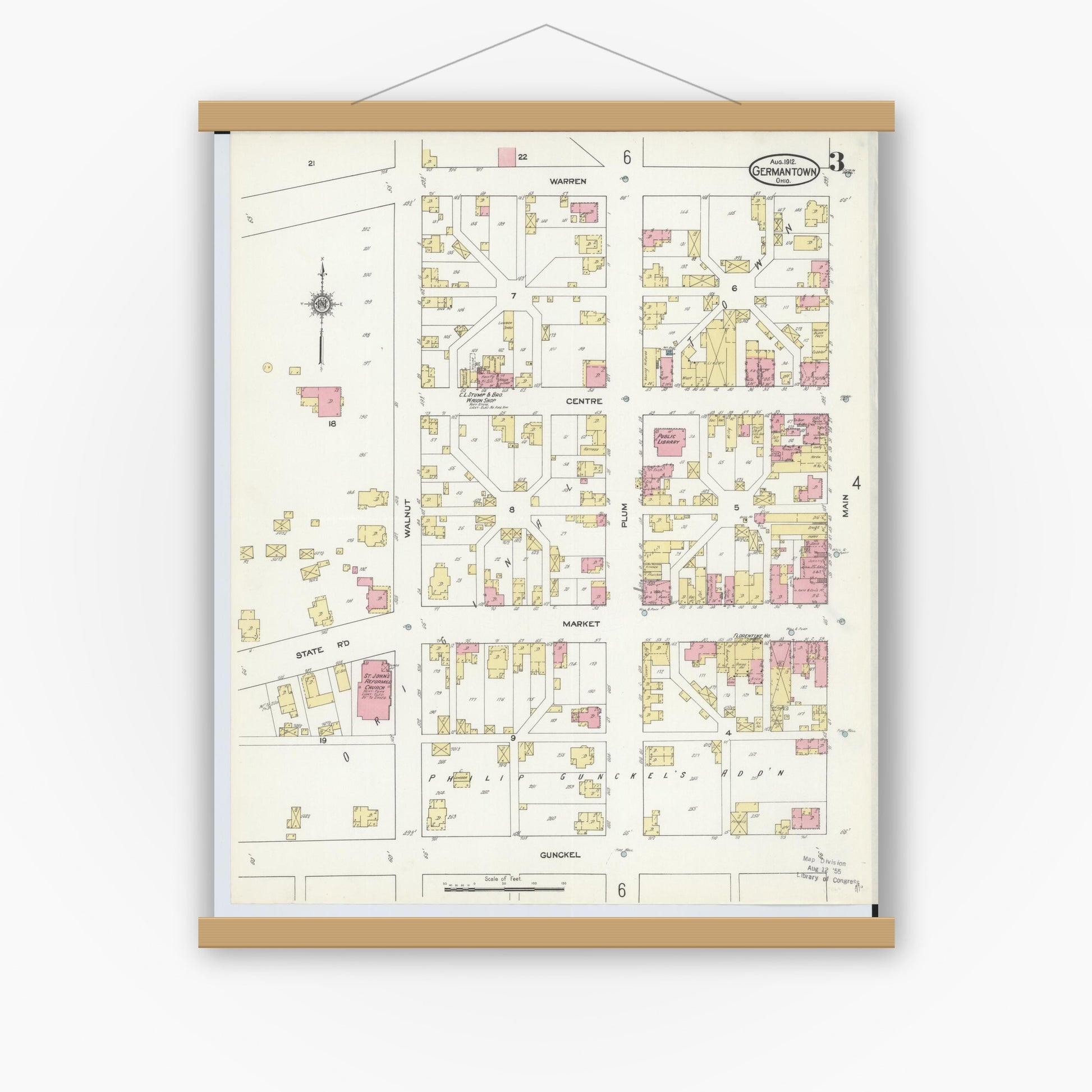 Old map wall art mockup — magnetic wood frame on white wall — Sanborn Fire Insurance Map from Germantown, Montgomery County, Ohio (1912), Sheet #0003