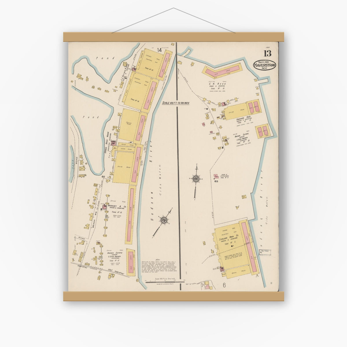 Old map wall art mockup — magnetic wood frame on white wall — Sanborn Fire Insurance Map from Haverstraw, Rockland County, New York (1921), Sheet #0013