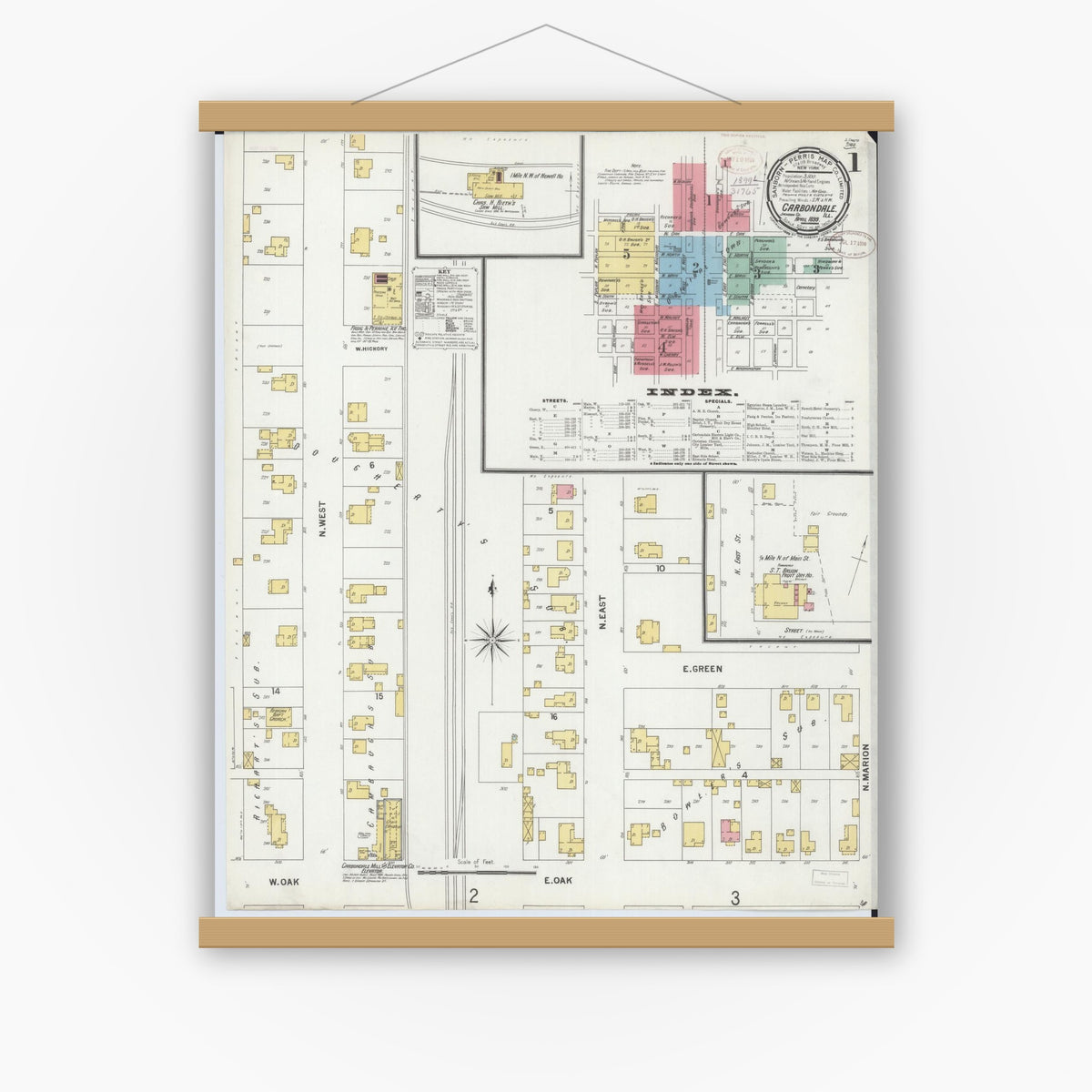 Old map wall art mockup — magnetic wood frame on white wall — Sanborn Fire Insurance Map from Carbondale, Jackson County, Illinois (1899) - Complete Map Set