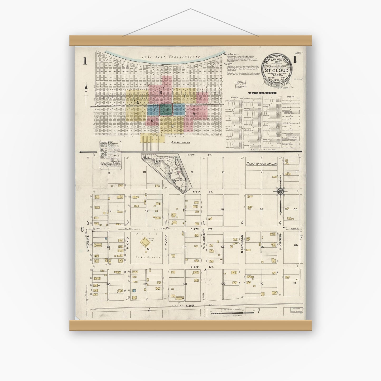 Old map wall art mockup — magnetic wood frame on white wall — Sanborn Fire Insurance Map from Saint Cloud, Osceola County, Florida (1924), Sheet #0001