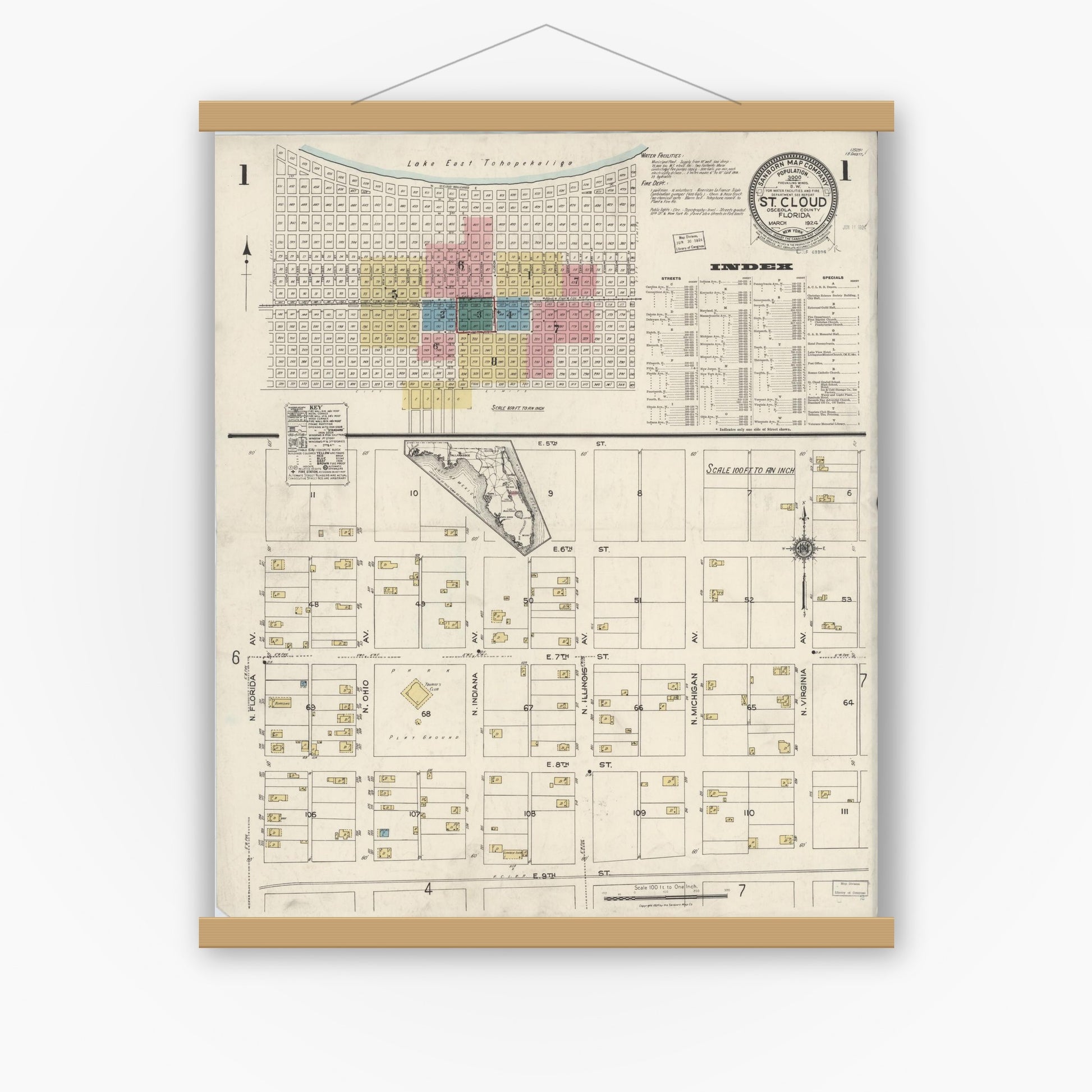 Old map wall art mockup — magnetic wood frame on white wall — Sanborn Fire Insurance Map from Saint Cloud, Osceola County, Florida (1924), Sheet #0001