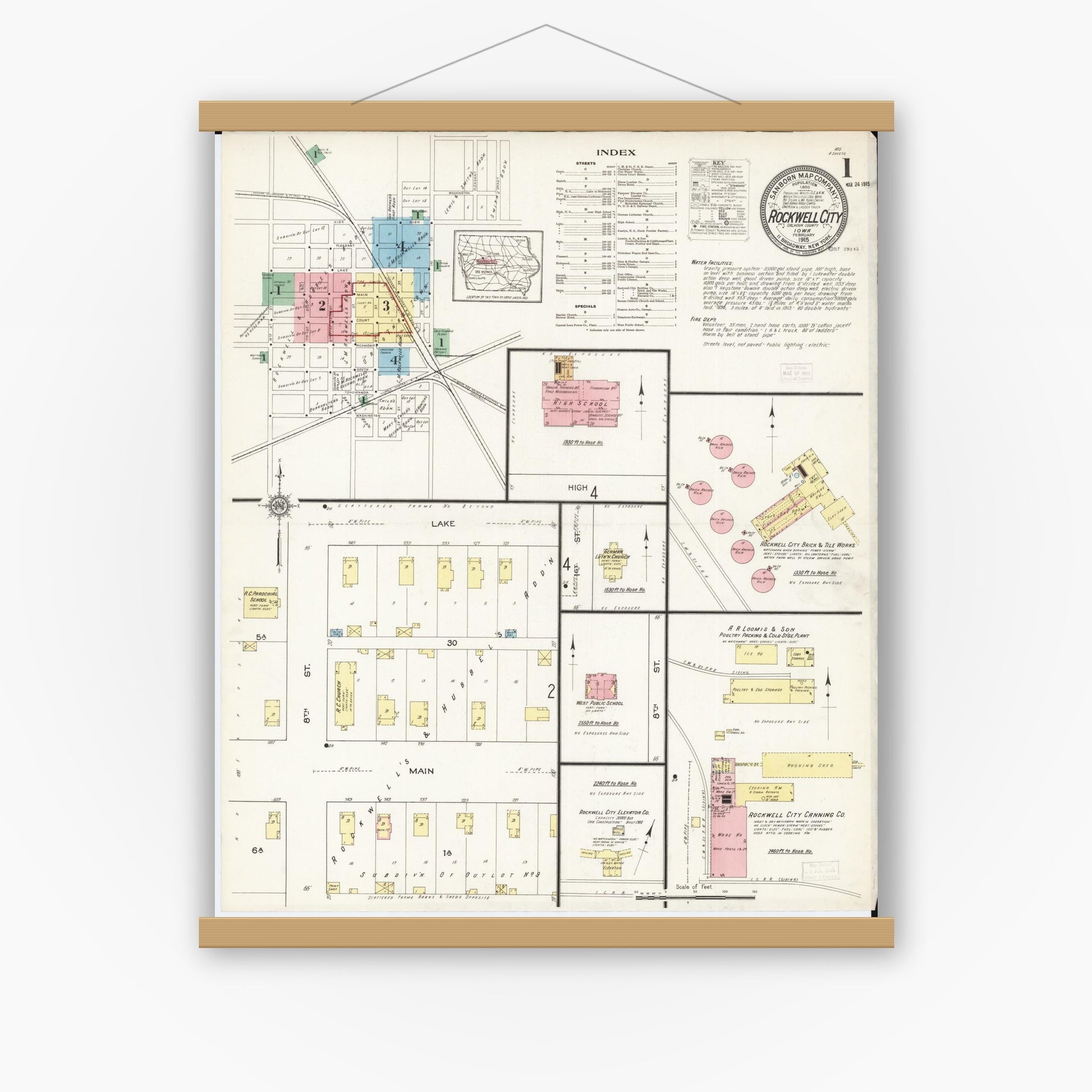 Old map wall art mockup — magnetic wood frame on white wall — Sanborn Fire Insurance Map from Rockwell City, Calhoun County, Iowa (1915) â€” Complete Set
