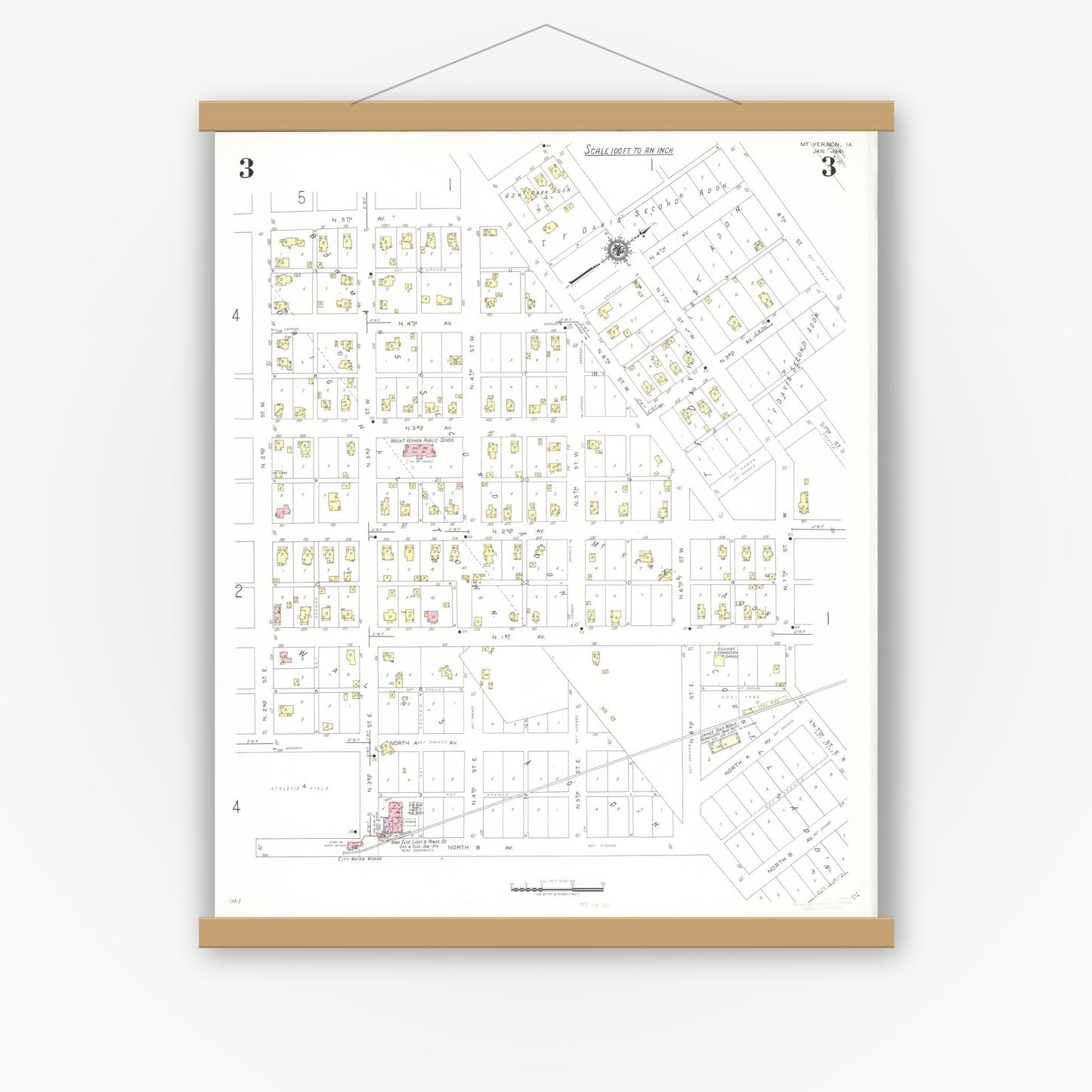 Old map wall art mockup — magnetic wood frame on white wall — Sanborn Fire Insurance Map from Mount Vernon, Linn County, Iowa (1941), Sheet #0003