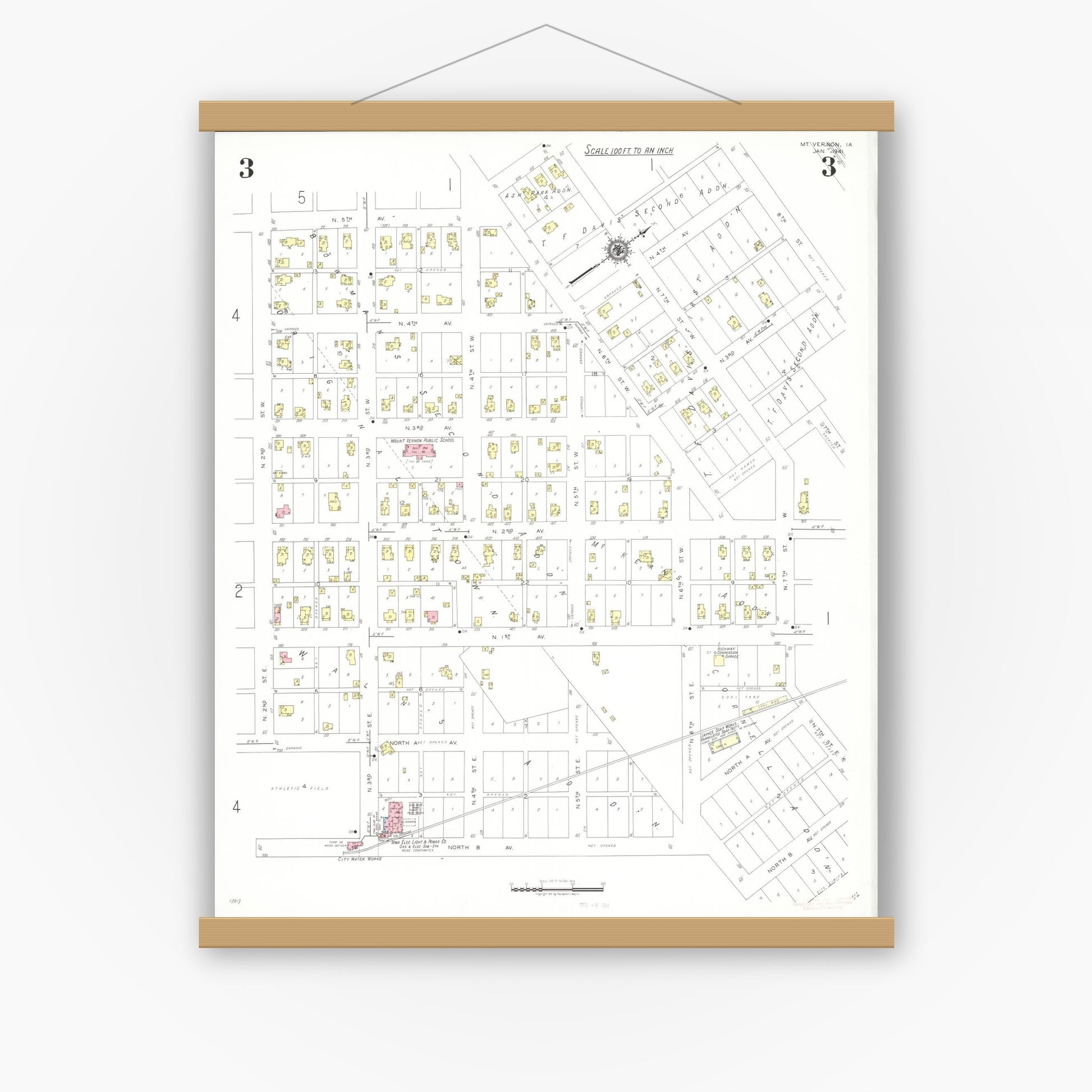 Old map wall art mockup — magnetic wood frame on white wall — Sanborn Fire Insurance Map from Mount Vernon, Linn County, Iowa (1941), Sheet #0003