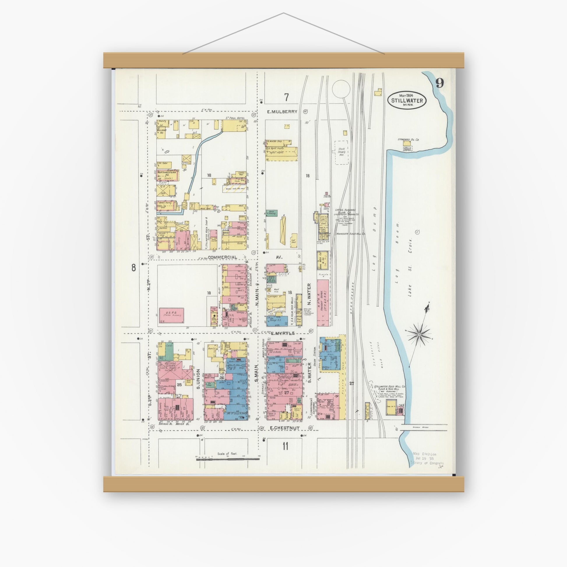 Old map wall art mockup — magnetic wood frame on white wall — Sanborn Fire Insurance Map from Stillwater, Washington County, Minnesota (1904), Sheet #0009