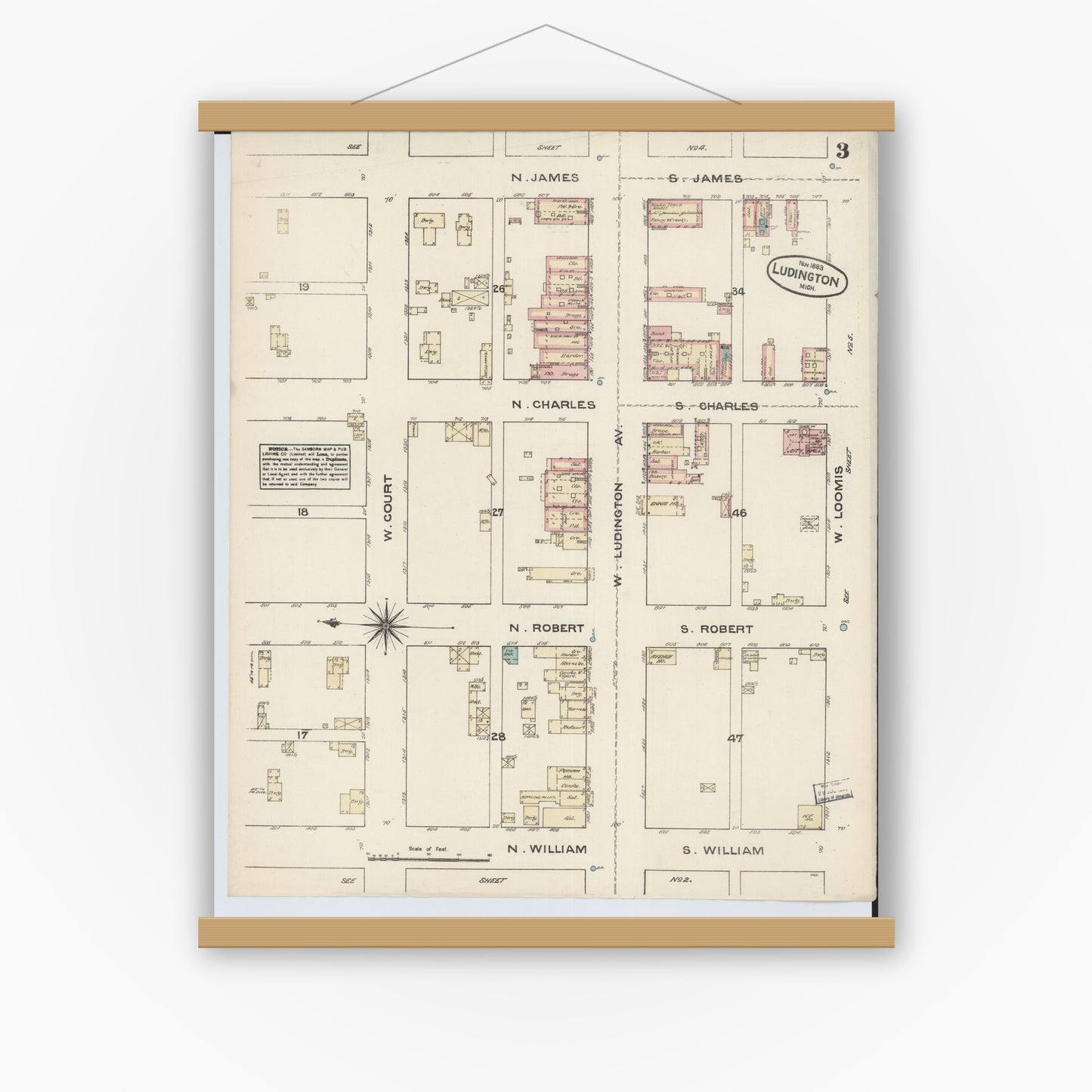 Old map wall art mockup — magnetic wood frame on white wall — Sanborn Fire Insurance Map from Ludington, Mason County, Michigan (1883), Sheet #0003