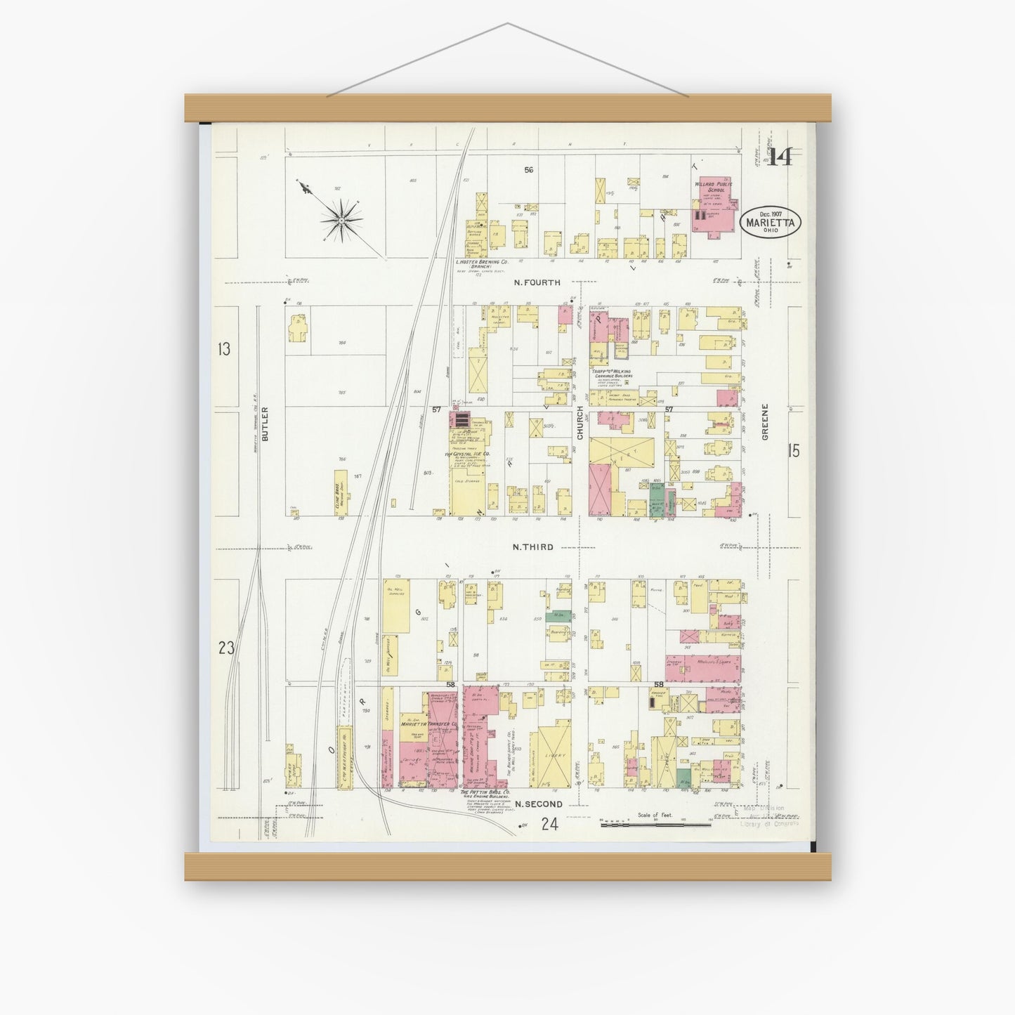 Old map wall art mockup — magnetic wood frame on white wall — Sanborn Fire Insurance Map from Marietta, Washington County, Ohio (1907), Sheet #0014