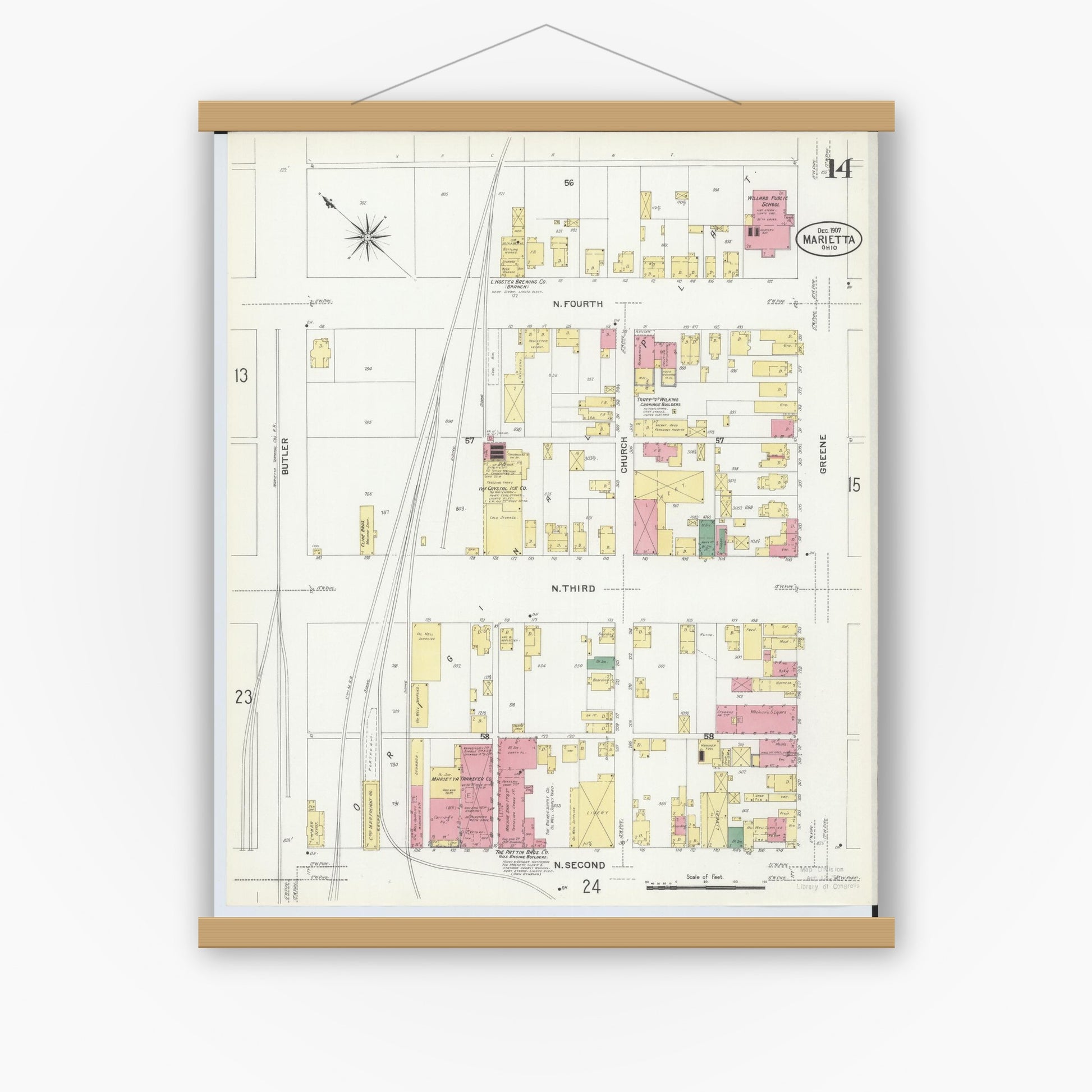 Old map wall art mockup — magnetic wood frame on white wall — Sanborn Fire Insurance Map from Marietta, Washington County, Ohio (1907), Sheet #0014