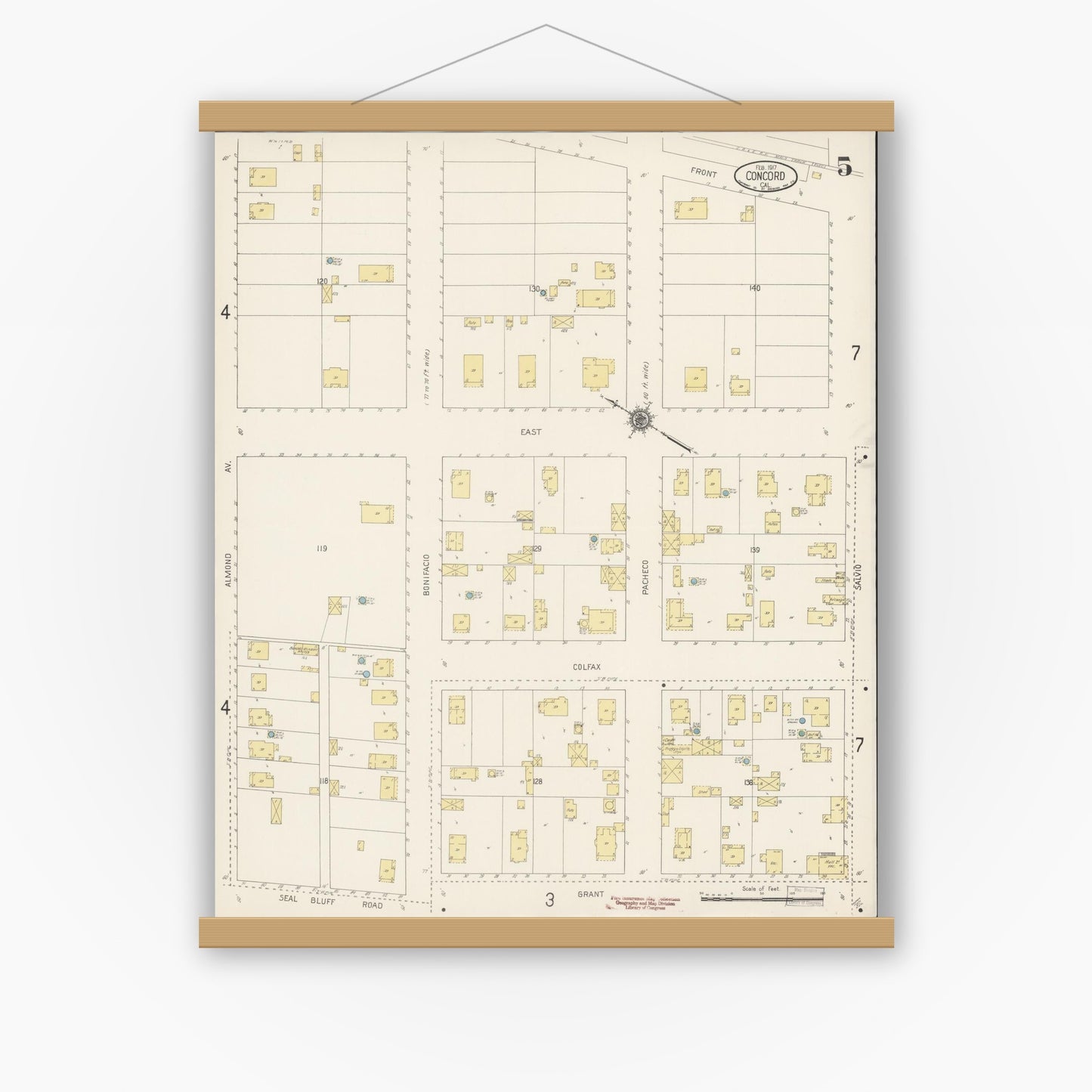 Old map wall art mockup — magnetic wood frame on white wall — Sanborn Fire Insurance Map from Concord, Contra Costa County, California (1917), Sheet #0005