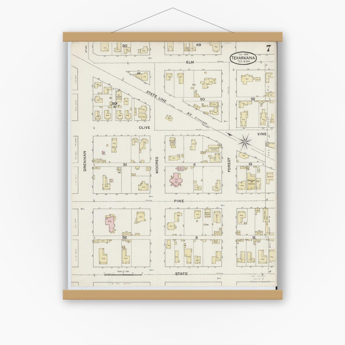 Old map wall art mockup — magnetic wood frame on white wall — Sanborn Fire Insurance Map from Texarkana, Bowie County, Texas (1888), Sheet #0007