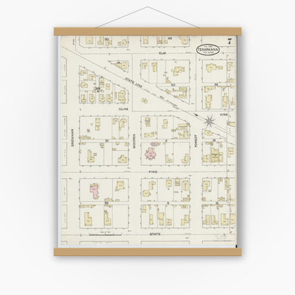 Old map wall art mockup — magnetic wood frame on white wall — Sanborn Fire Insurance Map from Texarkana, Bowie County, Texas (1888), Sheet #0007