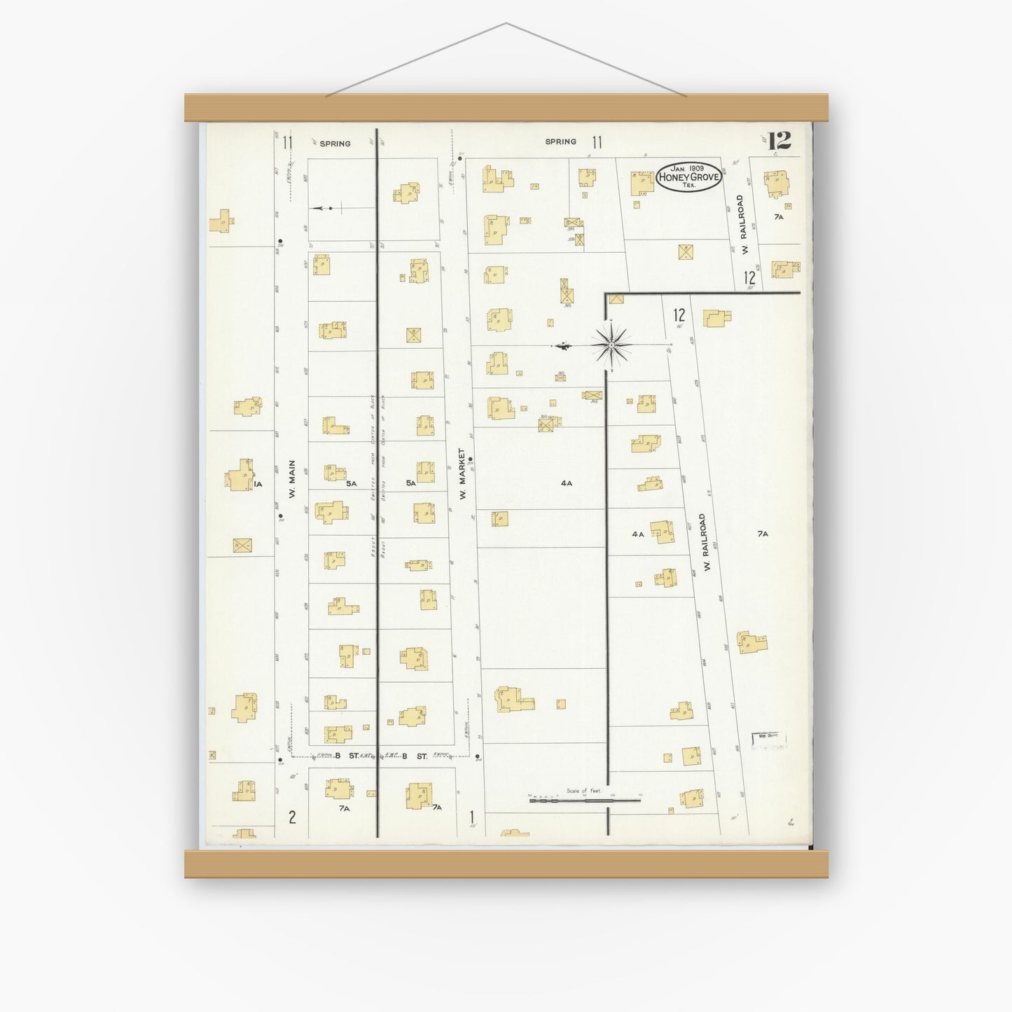 Old map wall art mockup — magnetic wood frame on white wall — Sanborn Fire Insurance Map from Honey Grove, Fannin County, Texas (1909), Sheet #0012