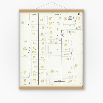 Old map wall art mockup — magnetic wood frame on white wall — Sanborn Fire Insurance Map from Honey Grove, Fannin County, Texas (1909), Sheet #0012