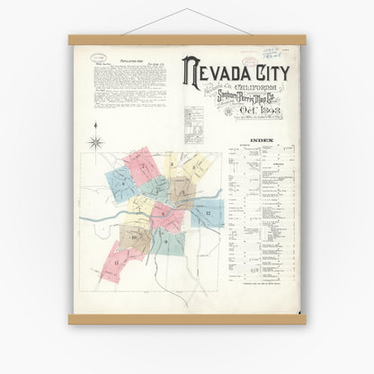 Old map wall art mockup — magnetic wood frame on white wall — Sanborn Fire Insurance Map from Nevada City, Nevada County, California (1898) - Complete Map Set