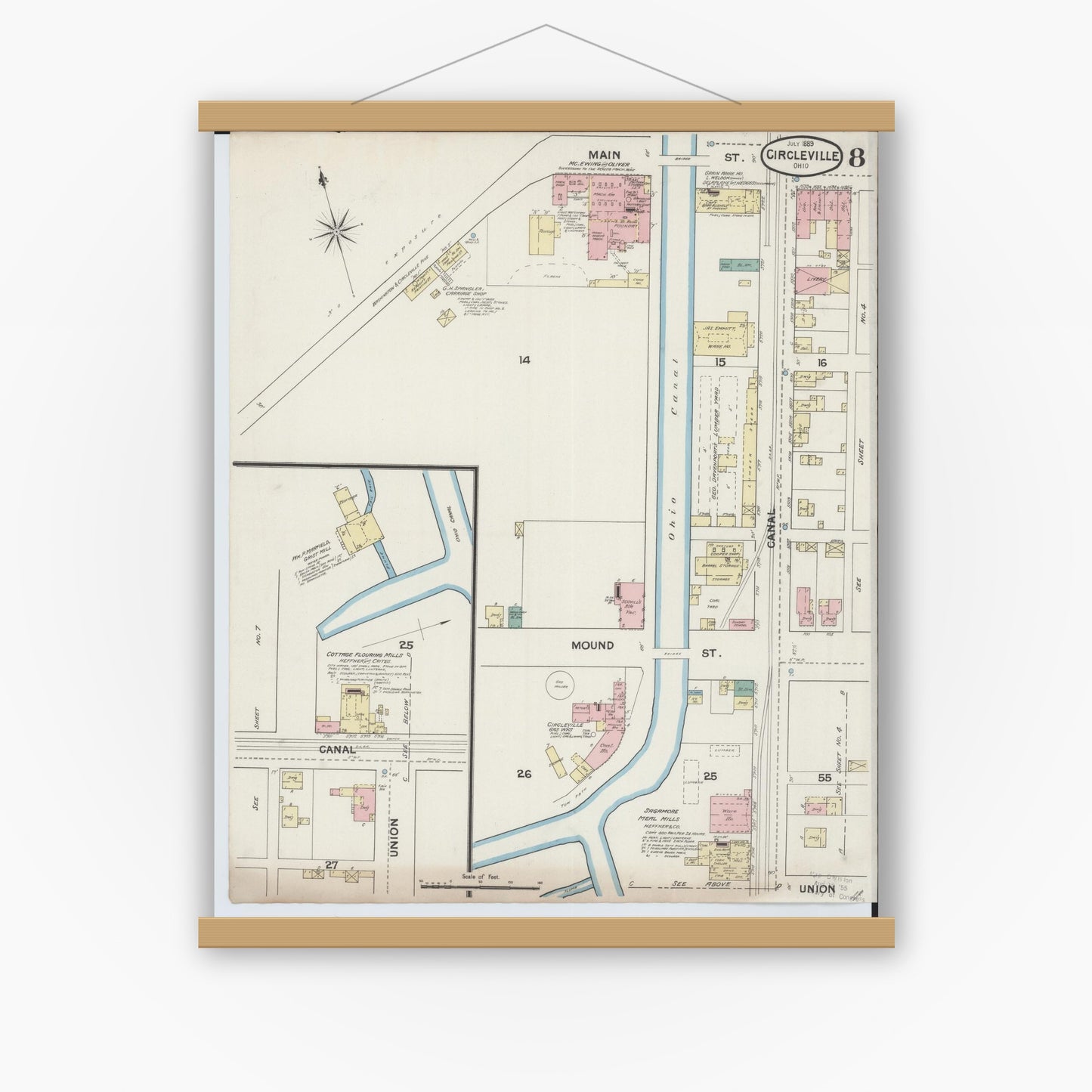 Old map wall art mockup — magnetic wood frame on white wall — Sanborn Fire Insurance Map from Circleville, Pickaway County, Ohio (1889), Sheet #0008
