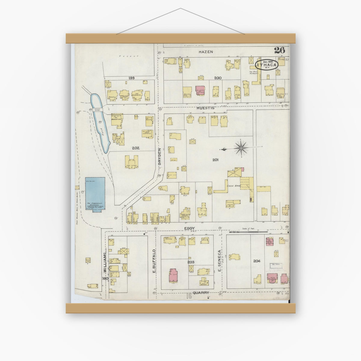 Old map wall art mockup — magnetic wood frame on white wall — Sanborn Fire Insurance Map from Ithaca, Tompkins County, New York (1893), Sheet #0026
