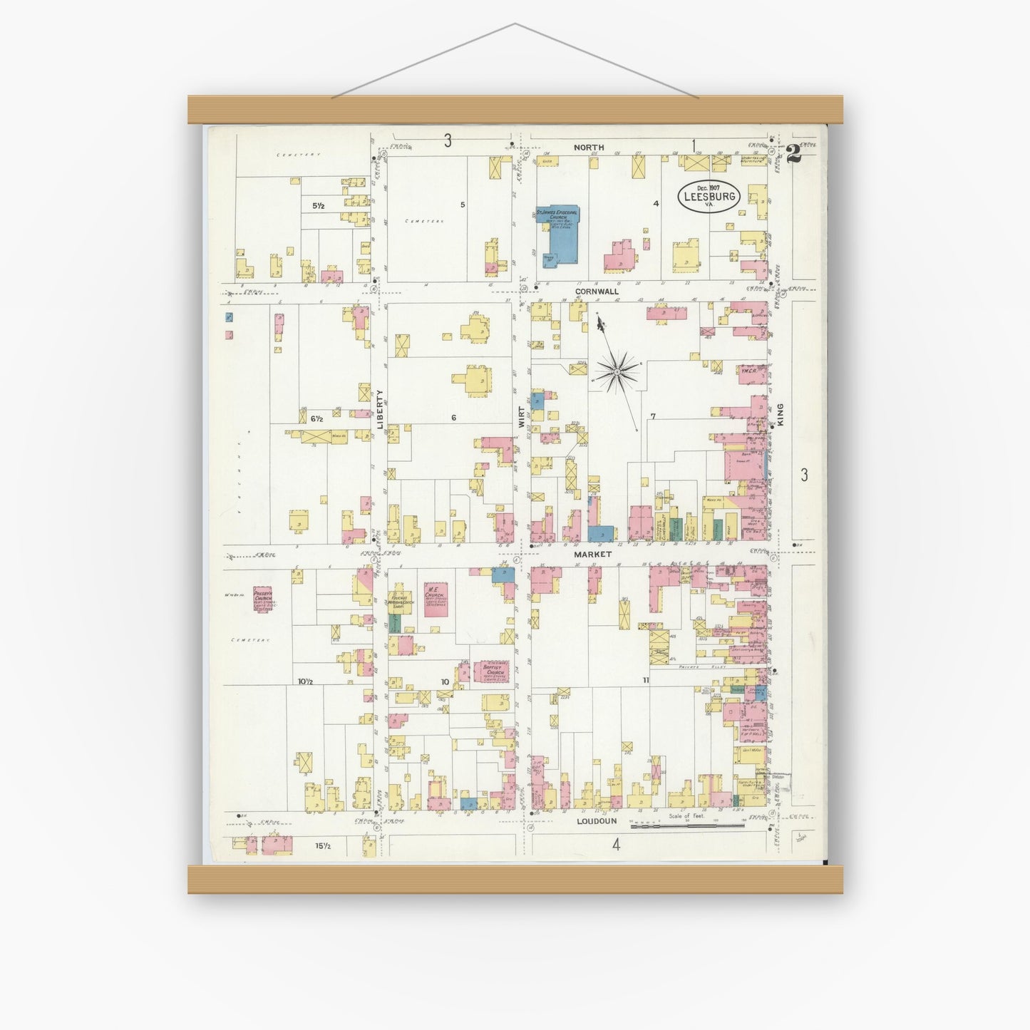 Old map wall art mockup — magnetic wood frame on white wall — Sanborn Fire Insurance Map from Leesburg, Loudoun County, Virginia (1907), Sheet #0002