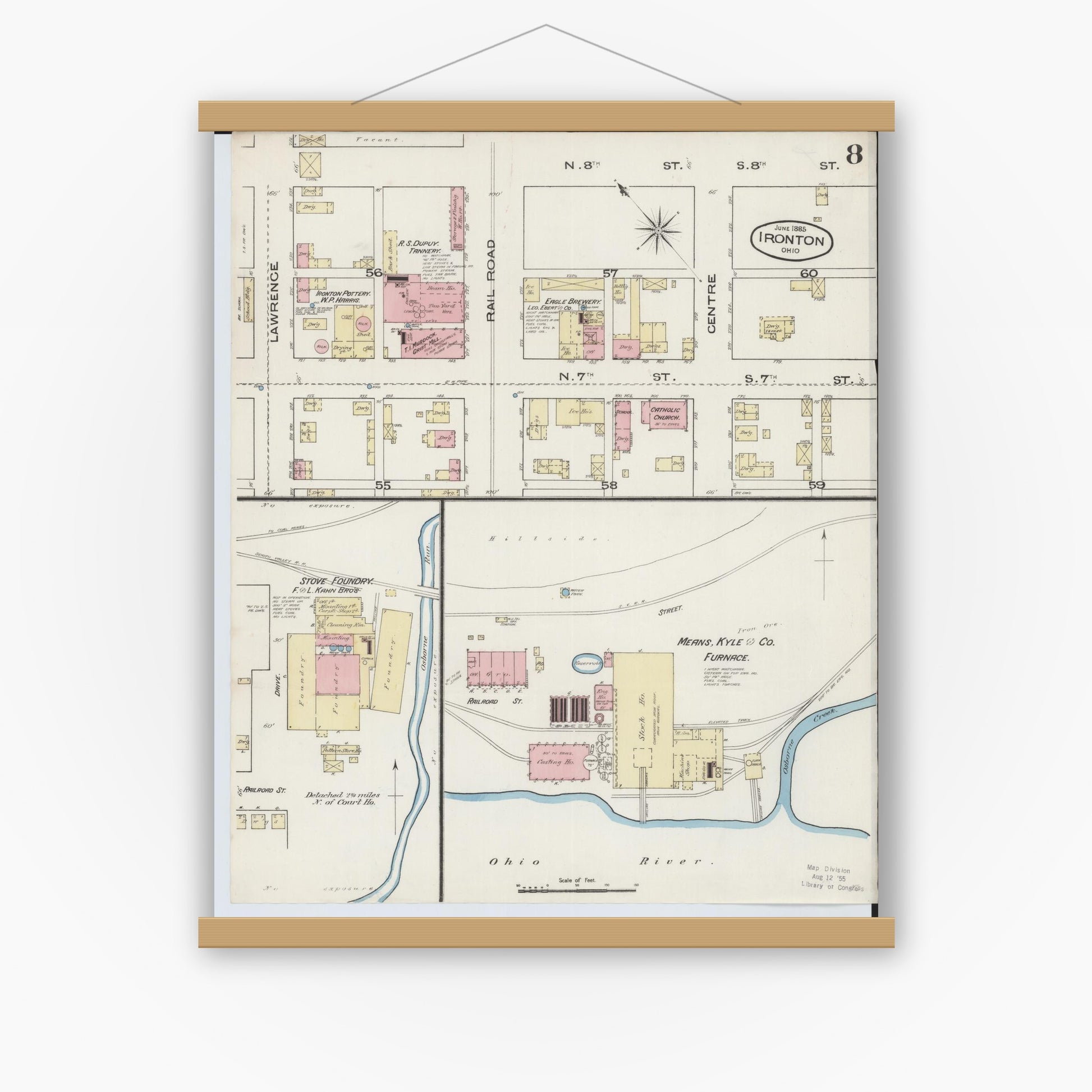 Old map wall art mockup — magnetic wood frame on white wall — Sanborn Fire Insurance Map from Ironton, Lawrence County, Ohio (1885), Sheet #0008