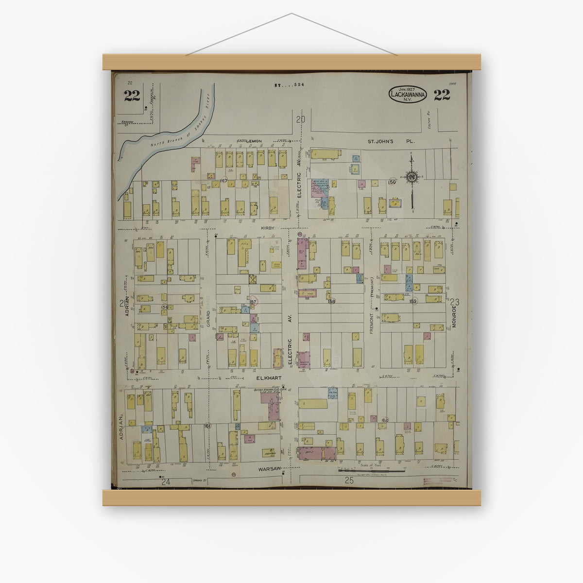 Old map wall art mockup — magnetic wood frame on white wall — Sanborn Fire Insurance Map from Lackawanna, Erie County, New York (1950), Sheet #0022