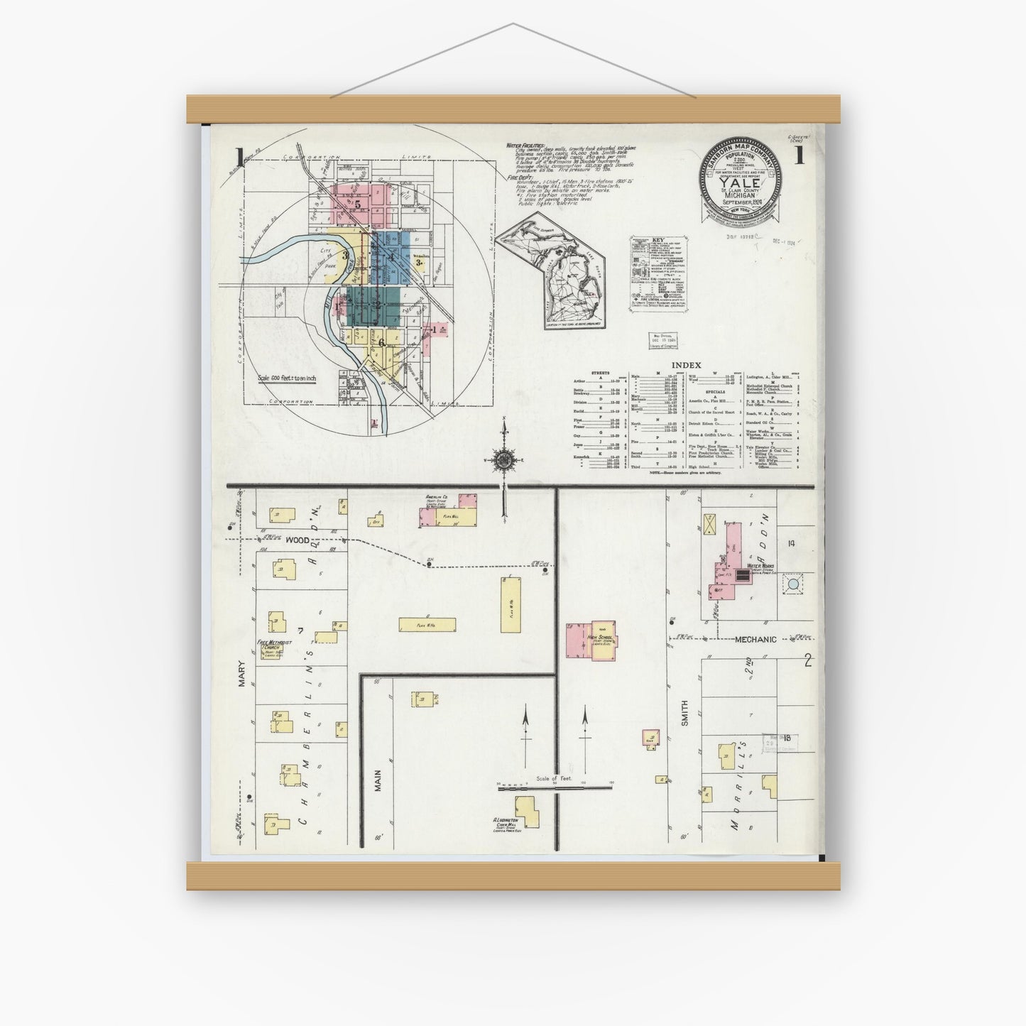 Old map wall art mockup — magnetic wood frame on white wall — Sanborn Fire Insurance Map from Yale, Saint Clair County, Michigan (1924) - Complete Map Set