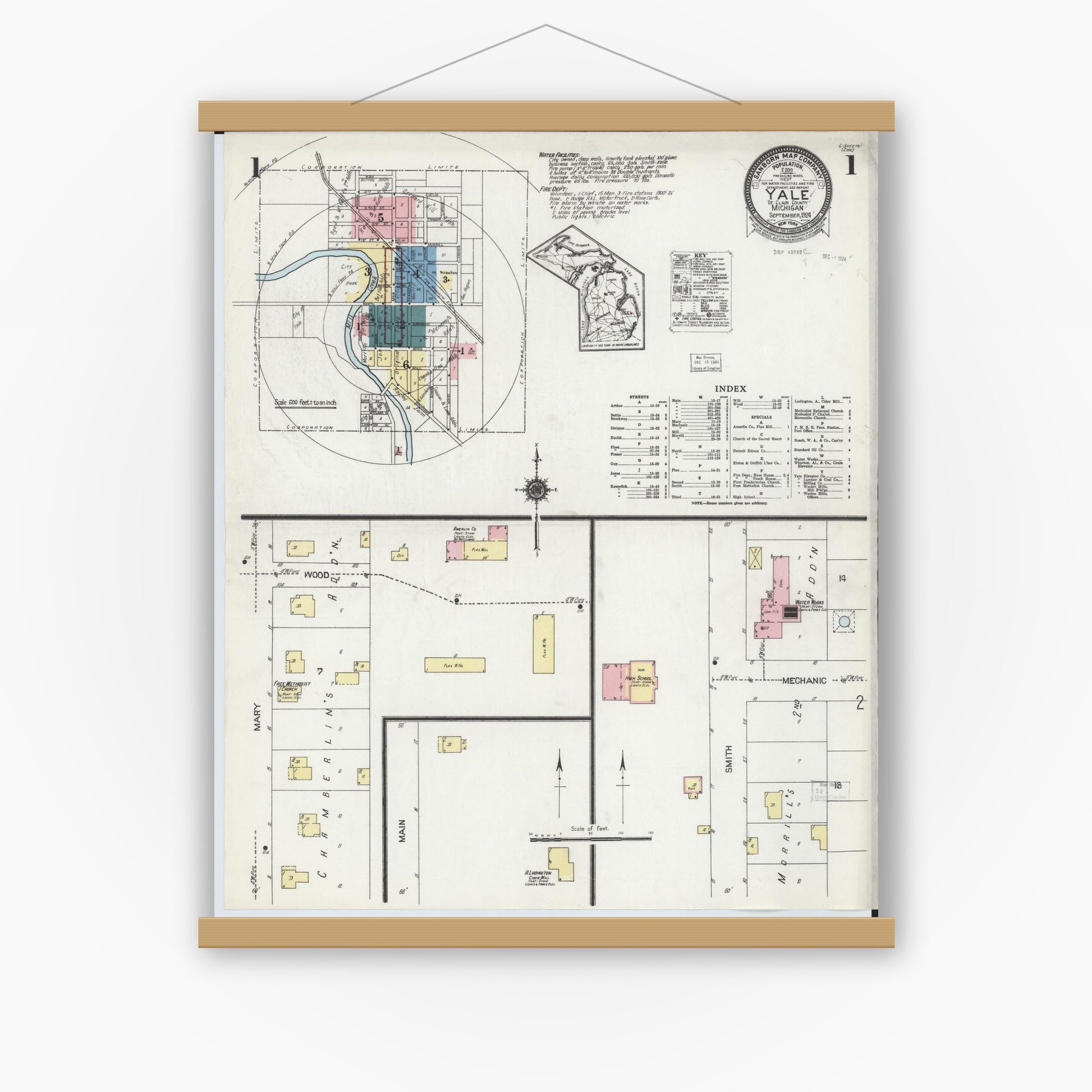 Old map wall art mockup — magnetic wood frame on white wall — Sanborn Fire Insurance Map from Yale, Saint Clair County, Michigan (1924) - Complete Map Set