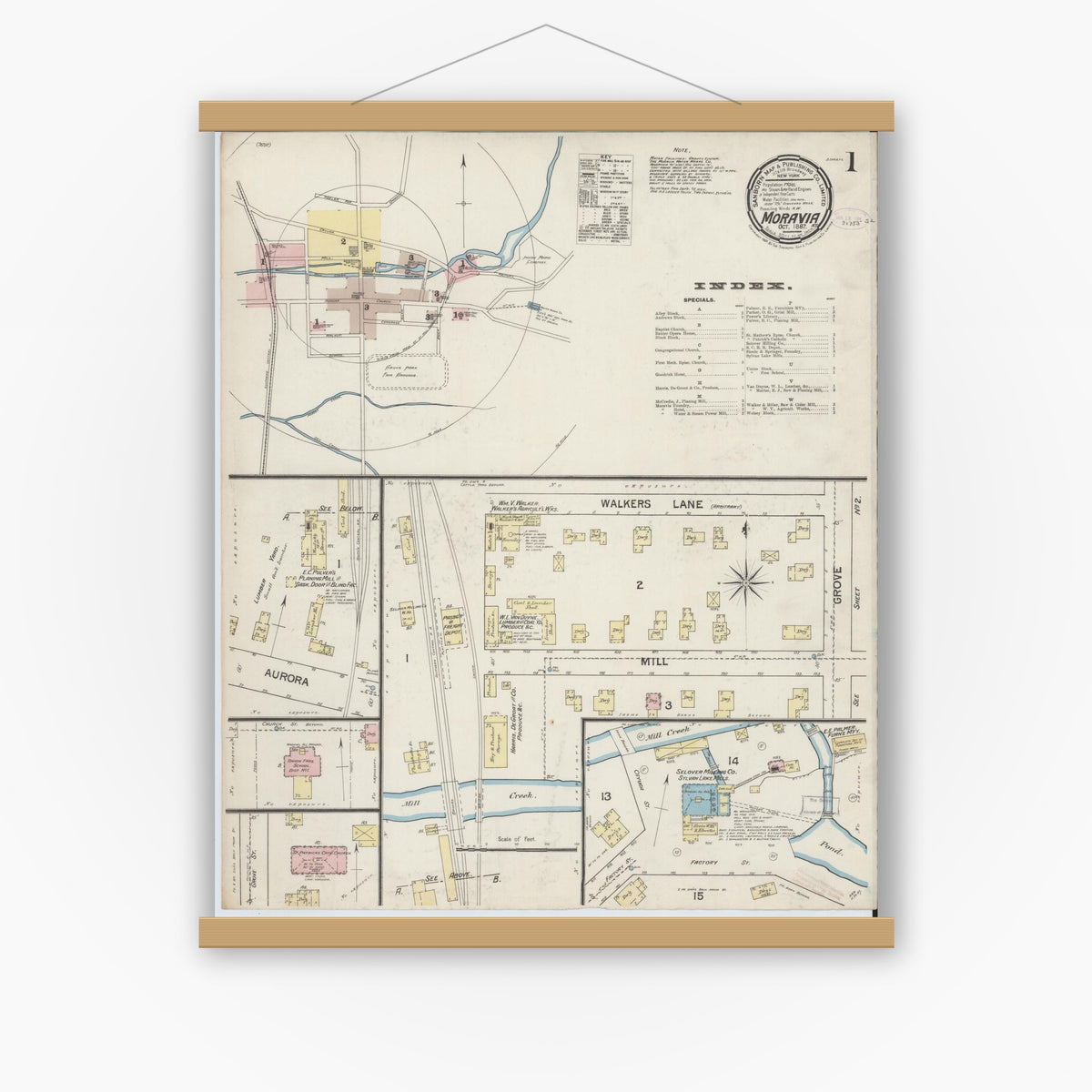 Old map wall art mockup — magnetic wood frame on white wall — Sanborn Fire Insurance Map from Moravia, Cayuga County, New York (1887), Sheet #0001
