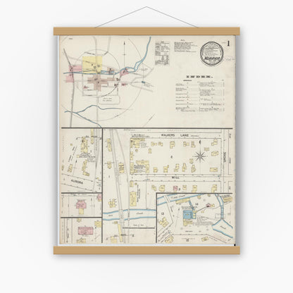 Old map wall art mockup — magnetic wood frame on white wall — Sanborn Fire Insurance Map from Moravia, Cayuga County, New York (1887), Sheet #0001