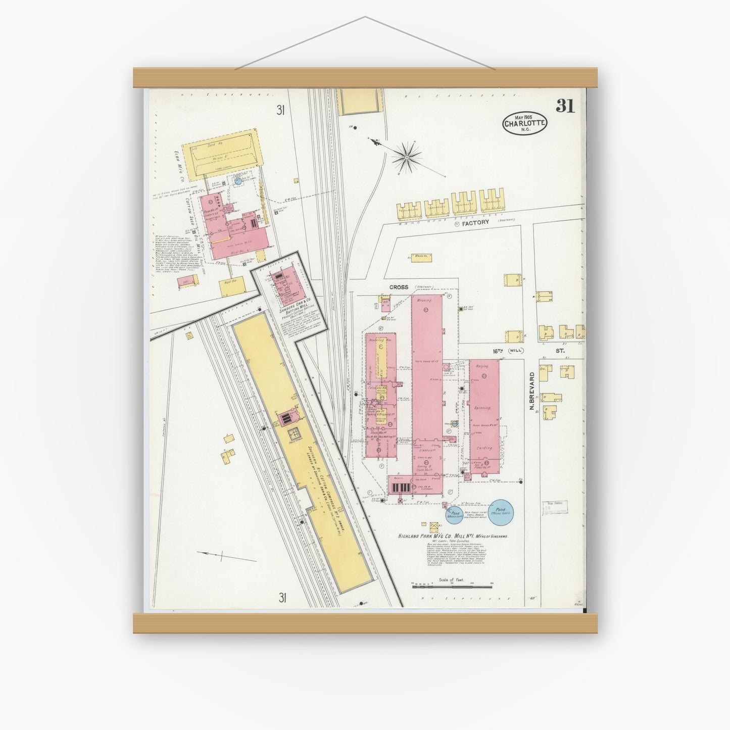 Old map wall art mockup — magnetic wood frame on white wall — Sanborn Fire Insurance Map from Charlotte, Mecklenburg County, North Carolina (1905), Sheet #0031