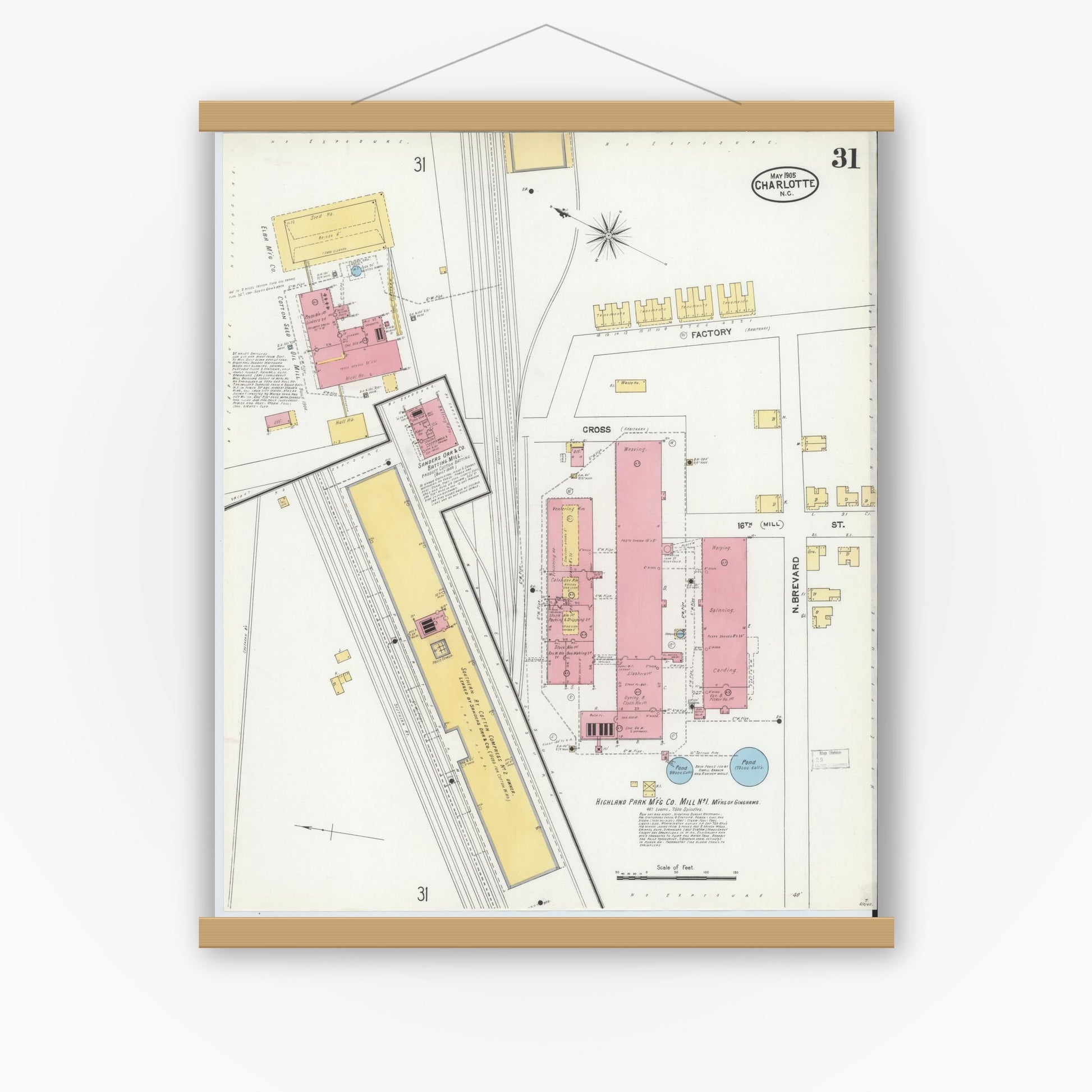 Old map wall art mockup — magnetic wood frame on white wall — Sanborn Fire Insurance Map from Charlotte, Mecklenburg County, North Carolina (1905), Sheet #0031