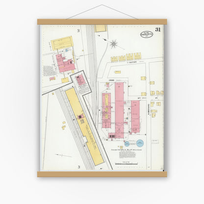 Old map wall art mockup — magnetic wood frame on white wall — Sanborn Fire Insurance Map from Charlotte, Mecklenburg County, North Carolina (1905), Sheet #0031