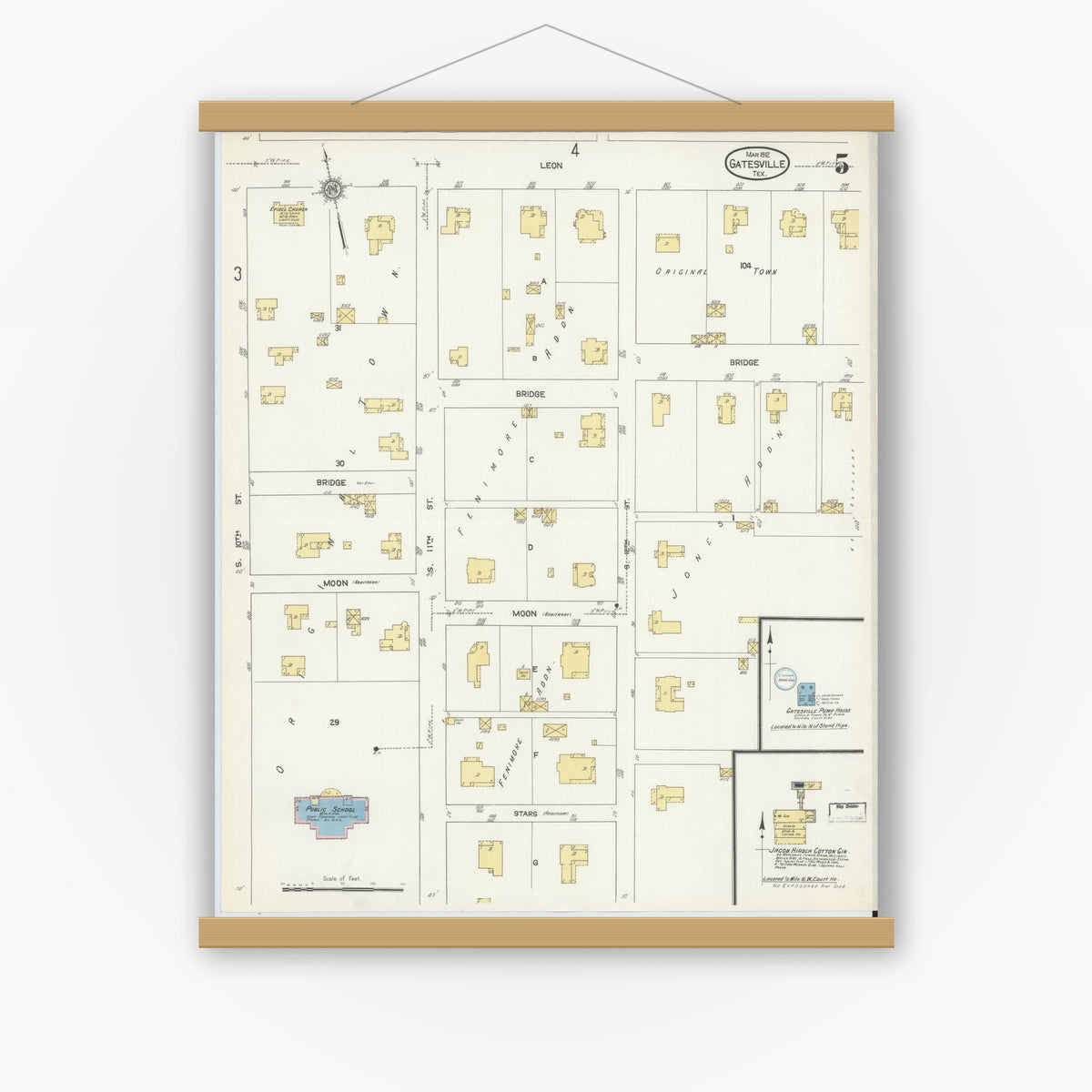 Old map wall art mockup — magnetic wood frame on white wall — Sanborn Fire Insurance Map from Gatesville, Coryell County, Texas (1912), Sheet #0005