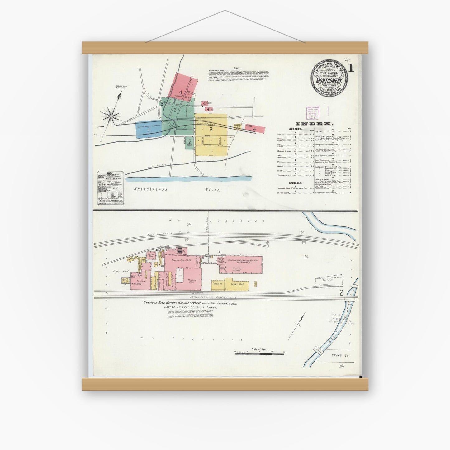Old map wall art mockup — magnetic wood frame on white wall — Sanborn Fire Insurance Map from Montgomery, Lycoming County, Pennsylvania (1906), Sheet #0001