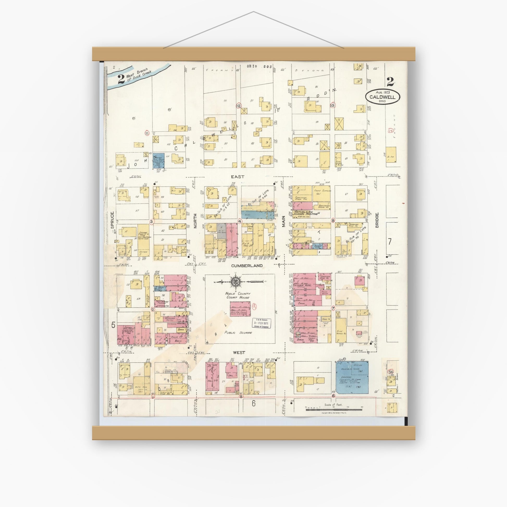 Old map wall art mockup — magnetic wood frame on white wall — Sanborn Fire Insurance Map from Caldwell, Noble County, Ohio (1932), Sheet #0002