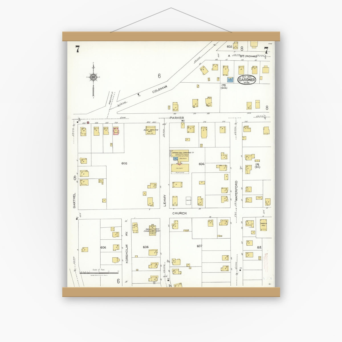 Old map wall art mockup — magnetic wood frame on white wall — Sanborn Fire Insurance Map from Gardner, Worcester County, Massachusetts (1923), Sheet #0007