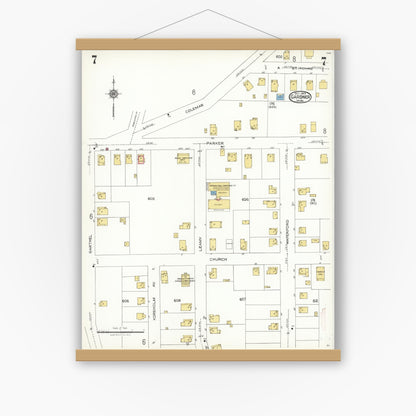 Old map wall art mockup — magnetic wood frame on white wall — Sanborn Fire Insurance Map from Gardner, Worcester County, Massachusetts (1923), Sheet #0007
