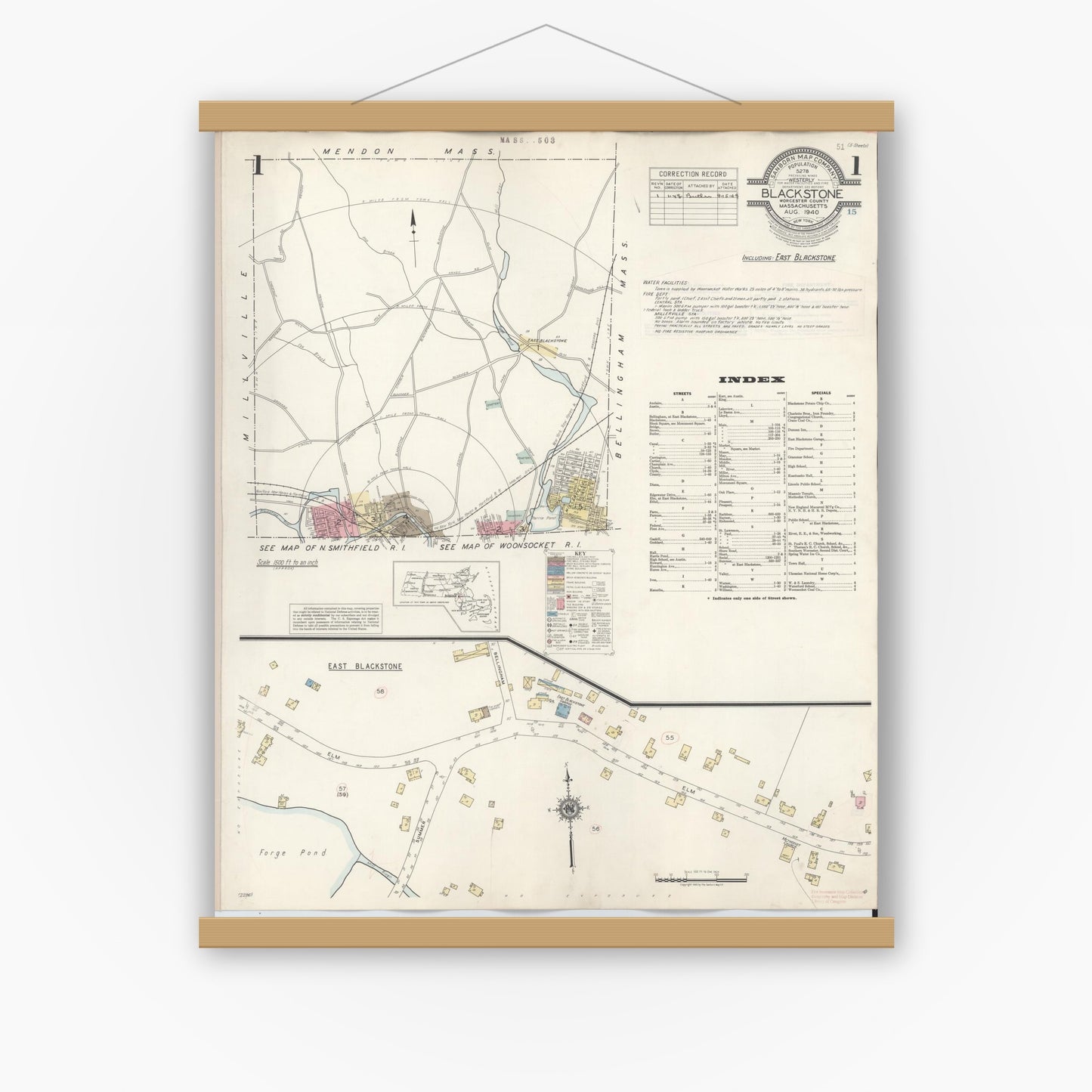 Old map wall art mockup — magnetic wood frame on white wall — Sanborn Fire Insurance Map from Blackstone, Worcester County, Massachusetts (1948) - Complete Map Set