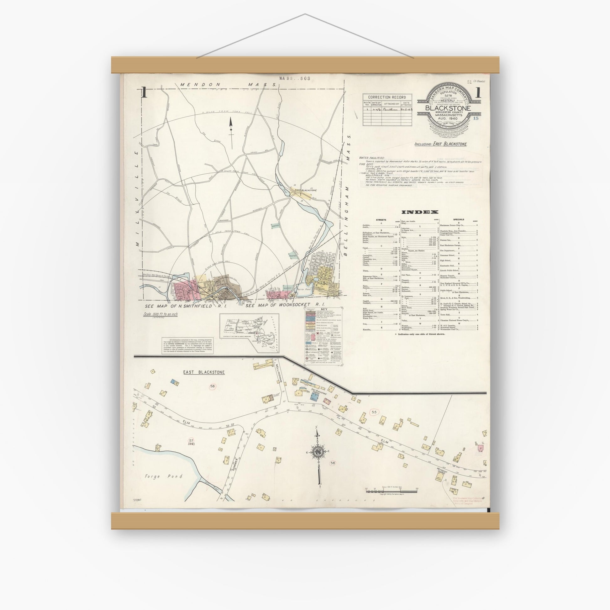 Old map wall art mockup — magnetic wood frame on white wall — Sanborn Fire Insurance Map from Blackstone, Worcester County, Massachusetts (1948) - Complete Map Set