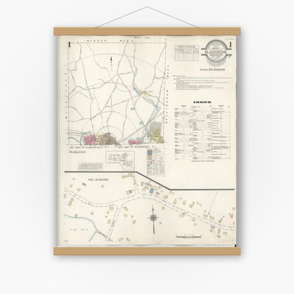 Old map wall art mockup — magnetic wood frame on white wall — Sanborn Fire Insurance Map from Blackstone, Worcester County, Massachusetts (1948) - Complete Map Set