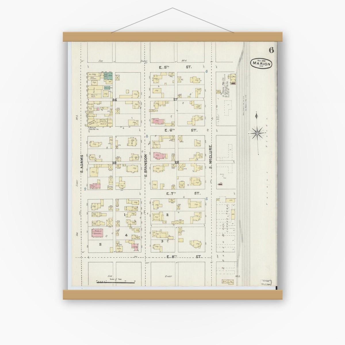Old map wall art mockup — magnetic wood frame on white wall — Sanborn Fire Insurance Map from Marion, Grant County, Indiana (1890), Sheet #0006