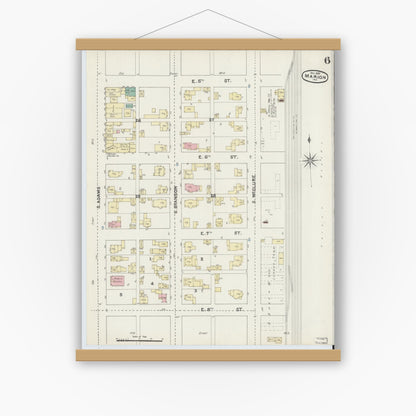 Old map wall art mockup — magnetic wood frame on white wall — Sanborn Fire Insurance Map from Marion, Grant County, Indiana (1890), Sheet #0006