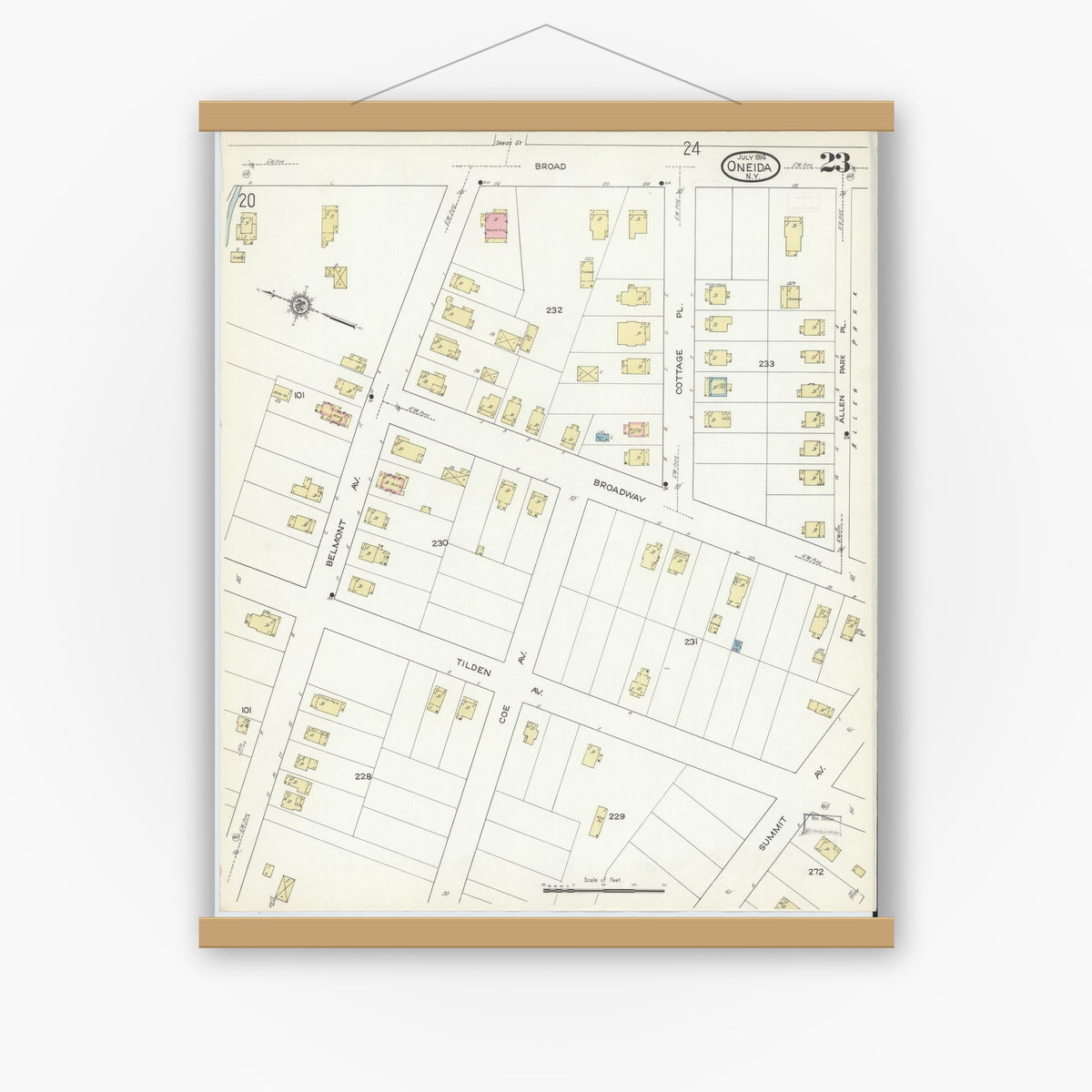 Old map wall art mockup — magnetic wood frame on white wall — Sanborn Fire Insurance Map from Oneida, Madison County, New York (1914), Sheet #0023