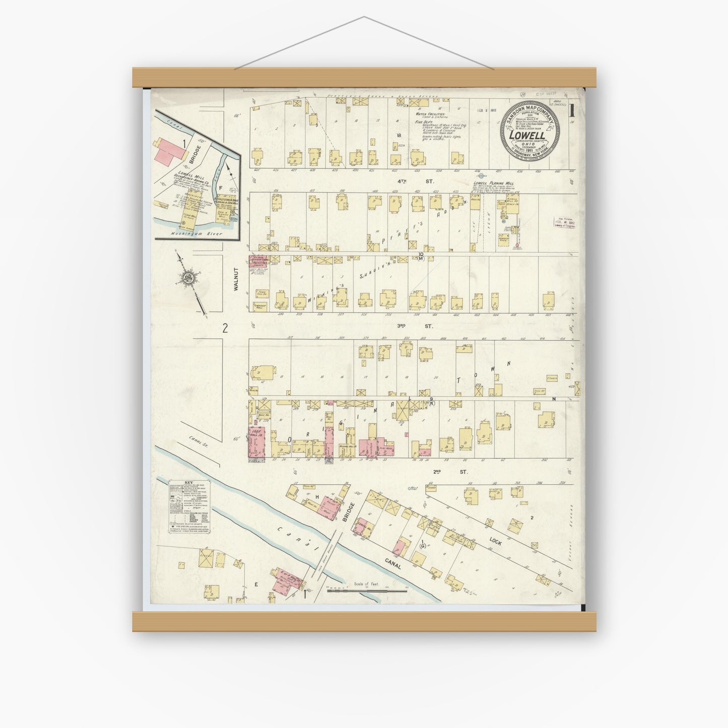 Old map wall art mockup — magnetic wood frame on white wall — Sanborn Fire Insurance Map from Lowell, Washington County, Ohio (1911) - Complete Map Set