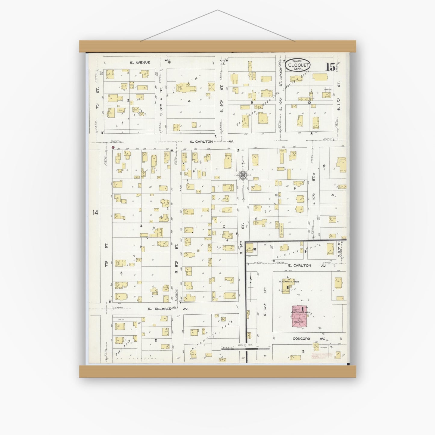 Old map wall art mockup — magnetic wood frame on white wall — Sanborn Fire Insurance Map from Cloquet, Carlton County, Minnesota (1911), Sheet #0015
