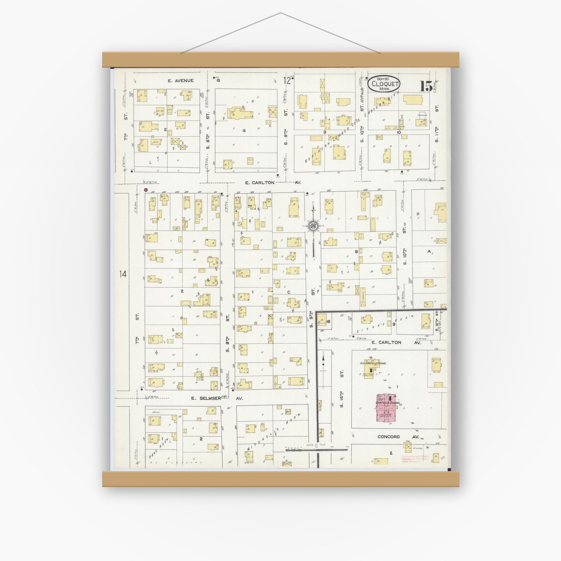Old map wall art mockup — magnetic wood frame on white wall — Sanborn Fire Insurance Map from Cloquet, Carlton County, Minnesota (1911), Sheet #0015