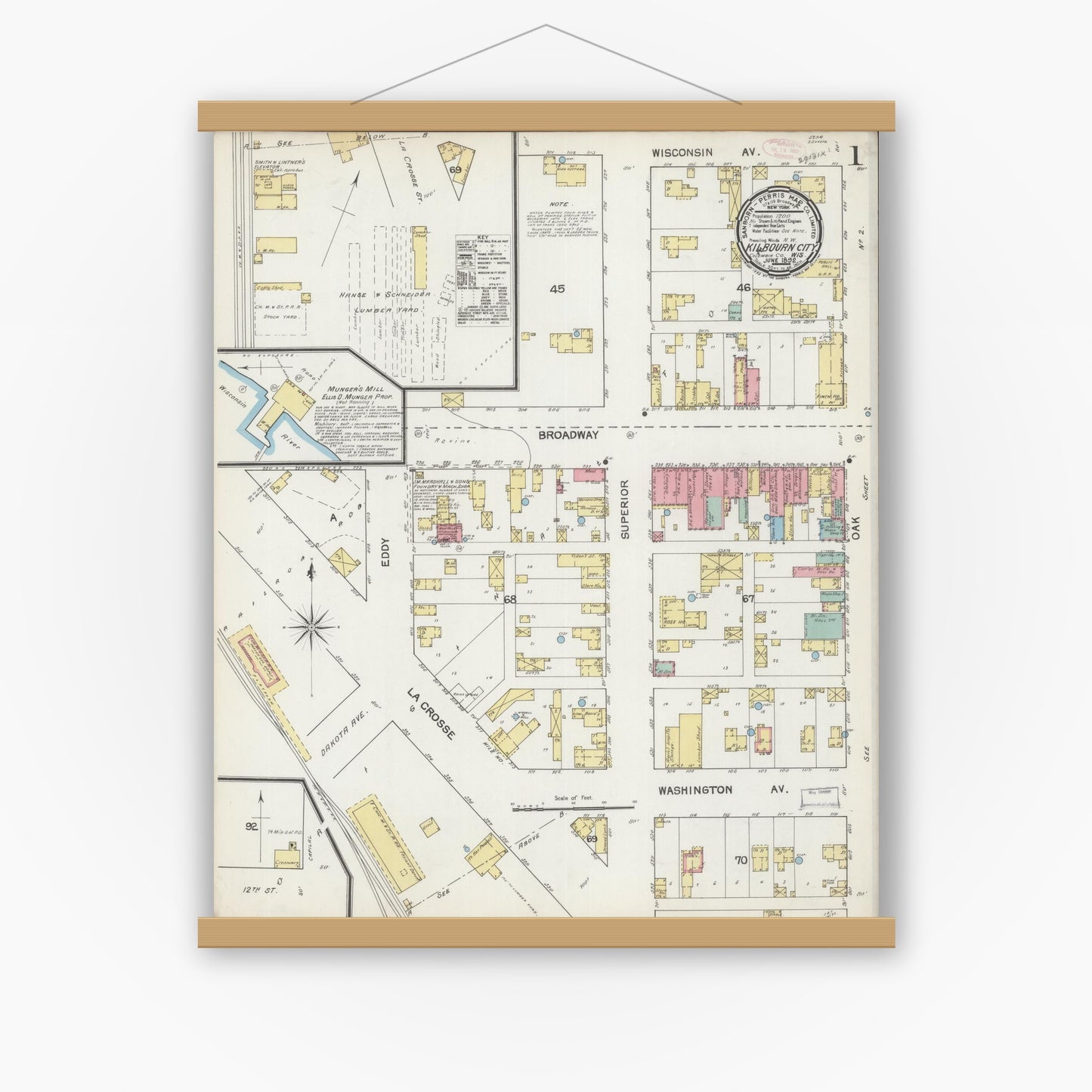 Old map wall art mockup — magnetic wood frame on white wall — Sanborn Fire Insurance Map from Kilbourn, Columbia County, Wisconsin (1892) - Complete Map Set