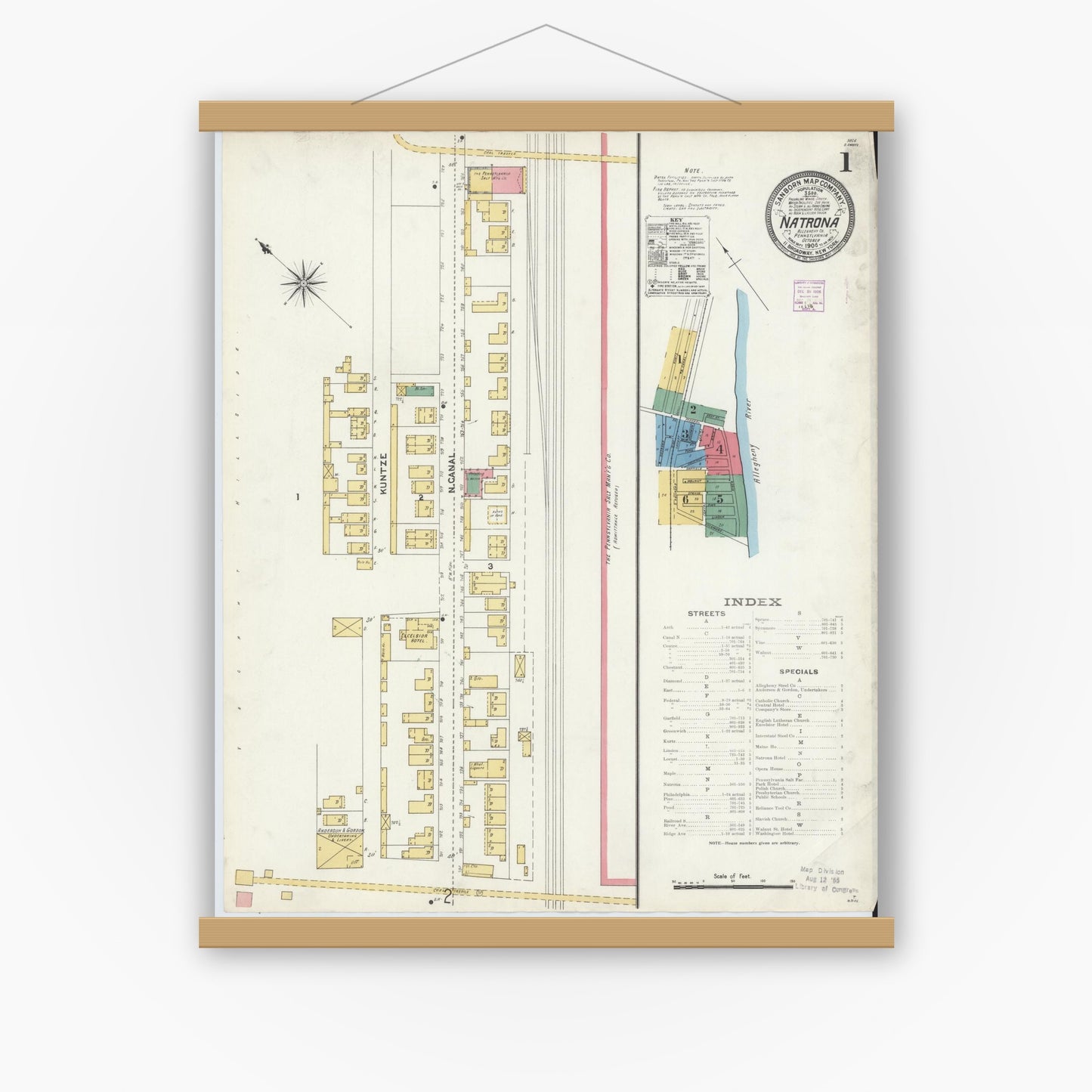 Old map wall art mockup — magnetic wood frame on white wall — Sanborn Fire Insurance Map from Natrona, Allegheny County, Pennsylvania (1906), Sheet #0001