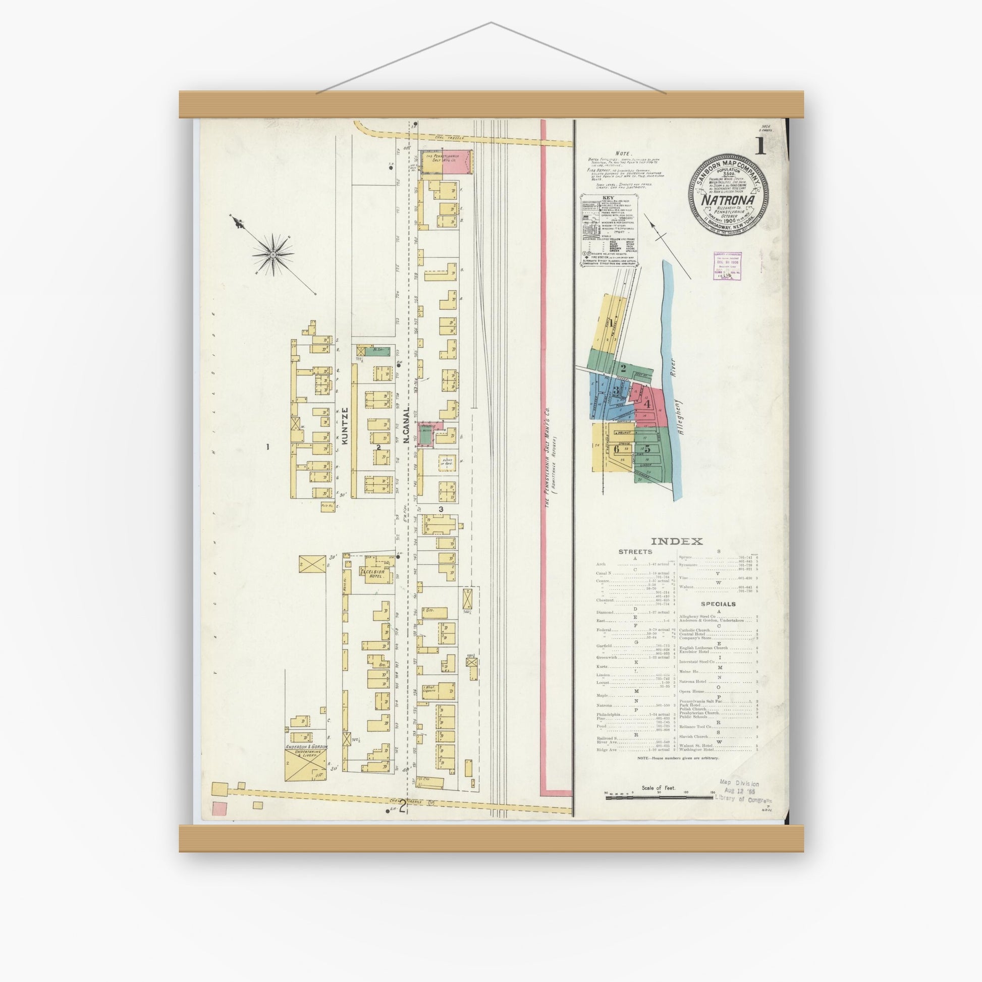 Old map wall art mockup — magnetic wood frame on white wall — Sanborn Fire Insurance Map from Natrona, Allegheny County, Pennsylvania (1906), Sheet #0001